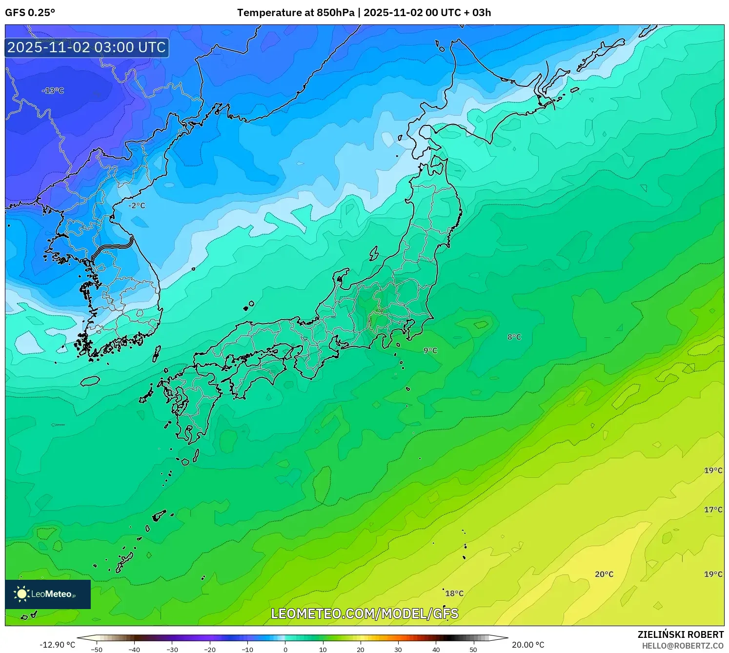GFS model - Japan, Temperature at 850hPa GFS model - Japan, Temperature at 850hPa