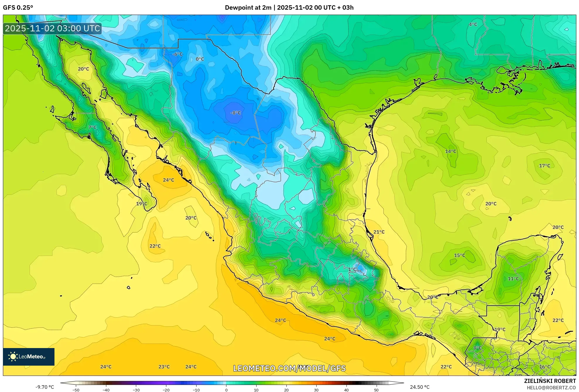 GFS model - Mexico, Dewpoint at 2m GFS model - Mexico, Dewpoint at 2m