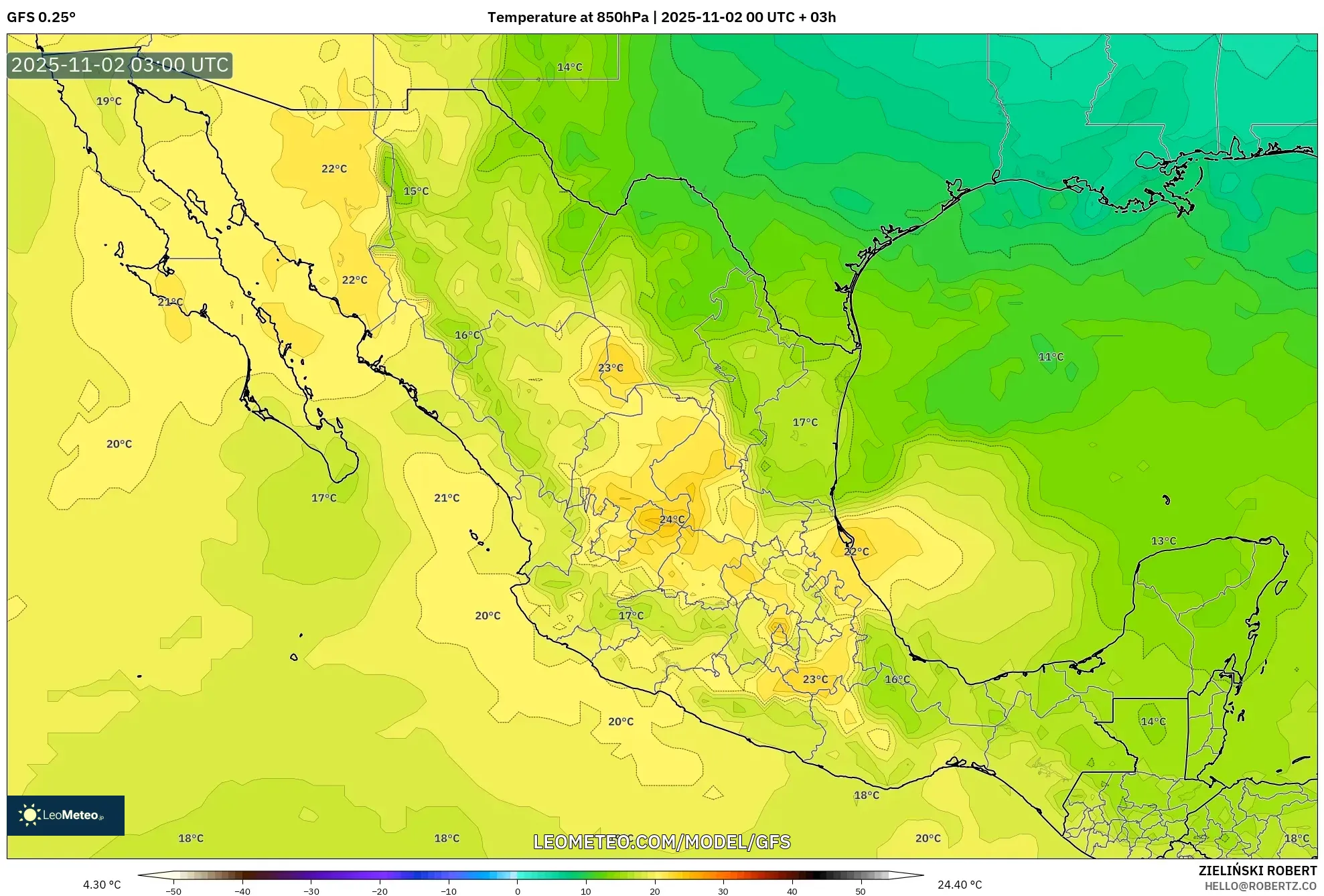 GFS model - Mexico, Temperature at 850hPa GFS model - Mexico, Temperature at 850hPa