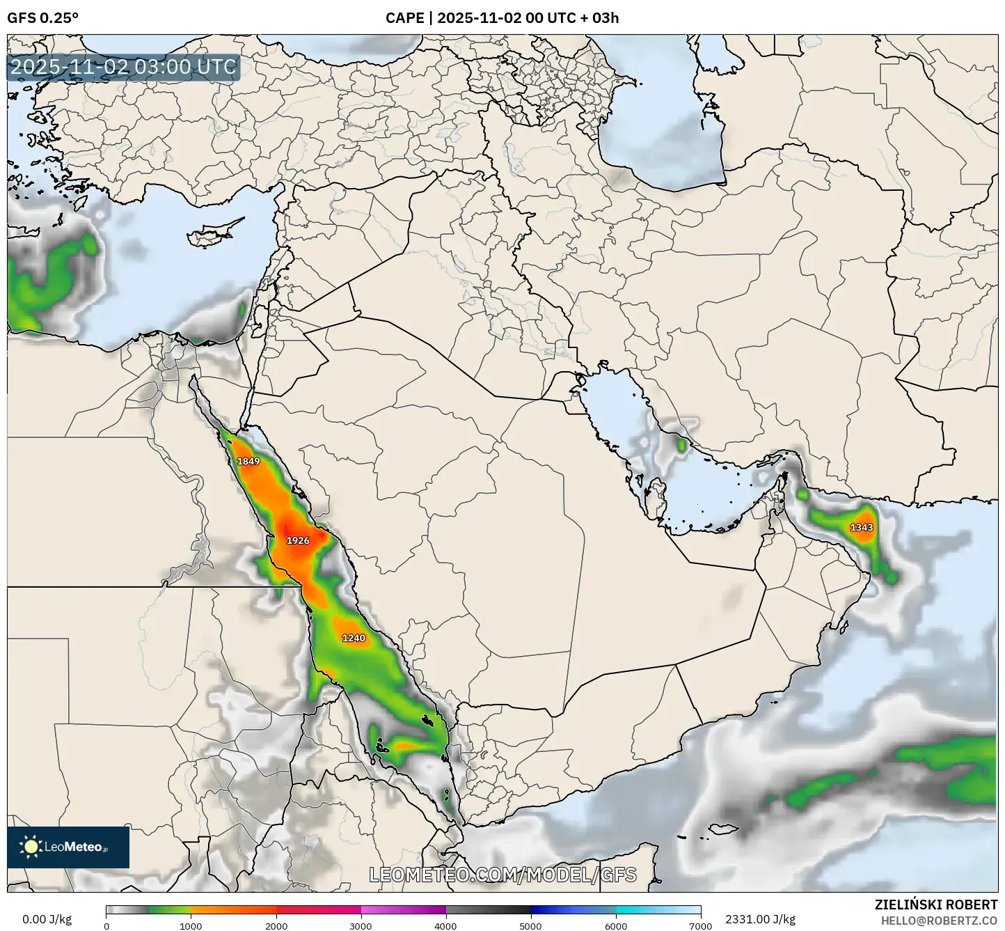 GFS model - Middle East, CAPE GFS model - Middle East, CAPE