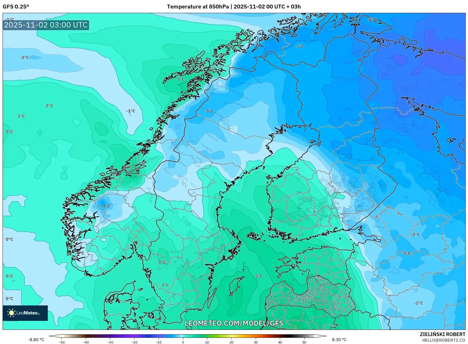 GFS model - Scandinavia, Temperature at 850hPa GFS model - Scandinavia, Temperature at 850hPa