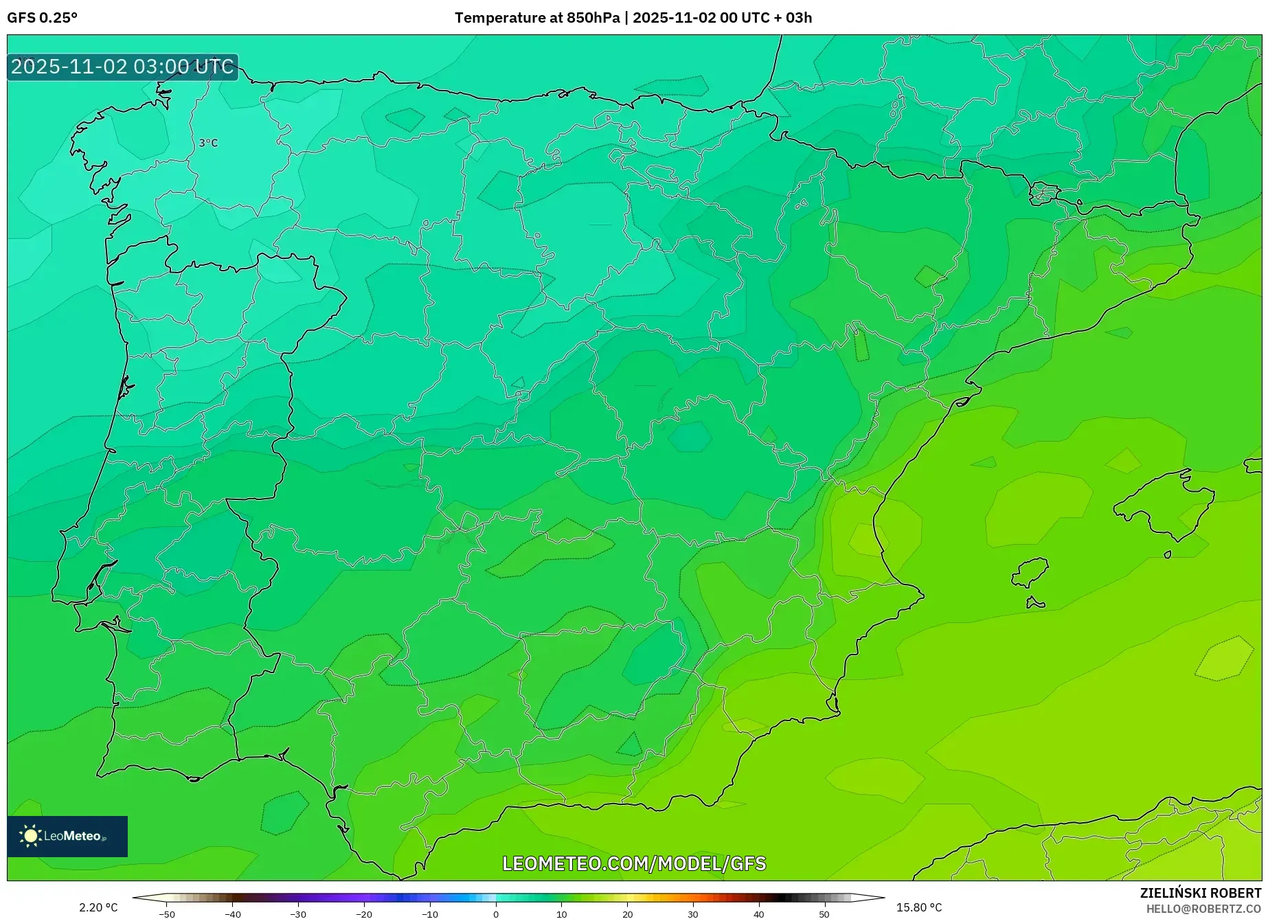 GFS model - Spain, Temperature at 850hPa GFS model - Spain, Temperature at 850hPa