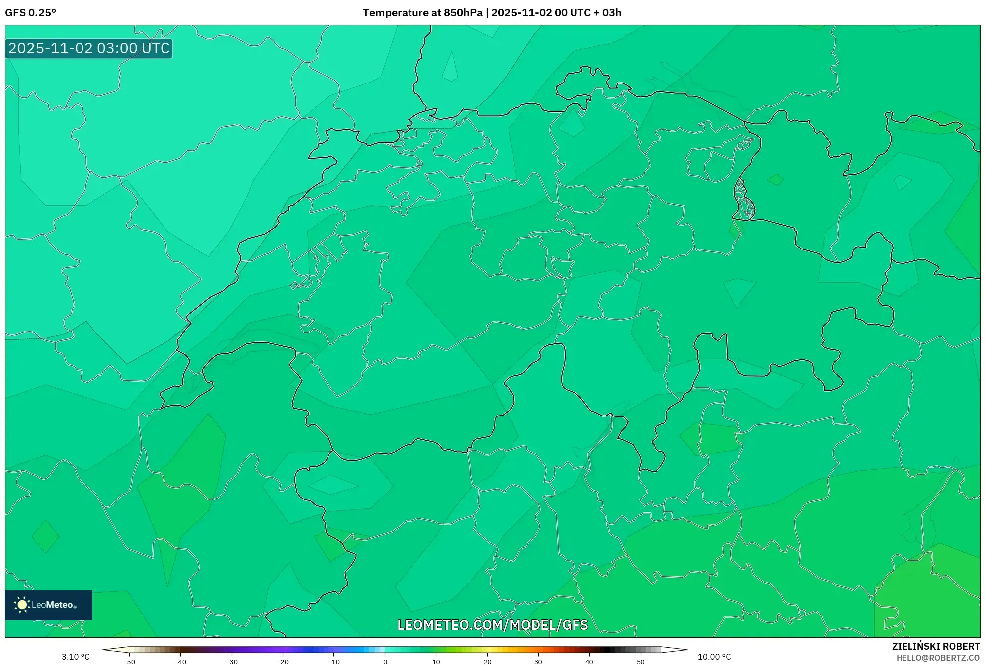 GFS model - Switzerland, Temperature at 850hPa GFS model - Switzerland, Temperature at 850hPa