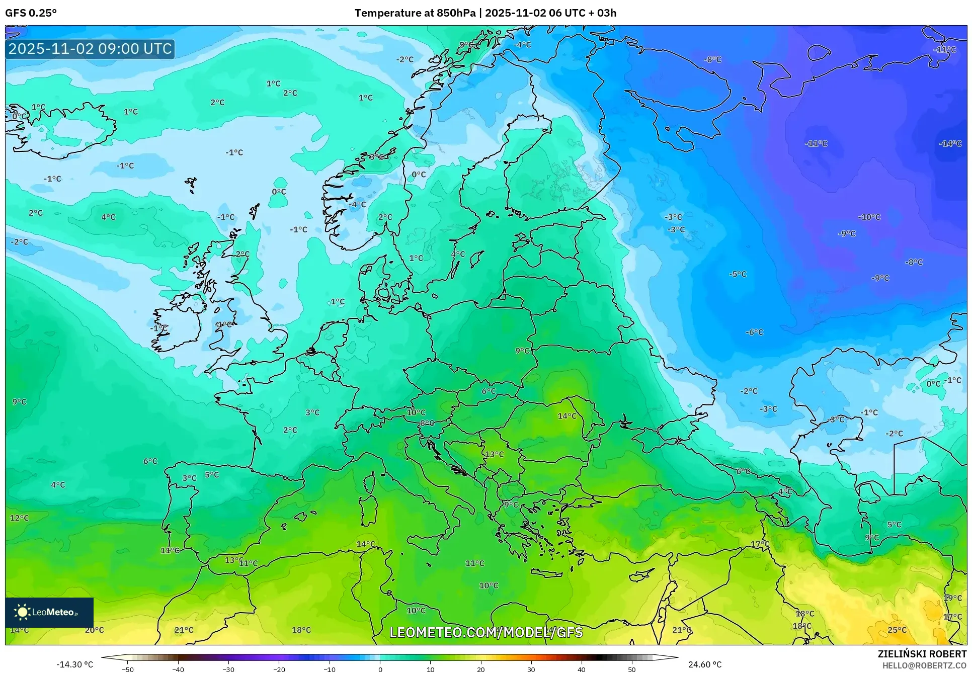 GFS model - Europe, Temperature at 850hPa GFS model - Europe, Temperature at 850hPa