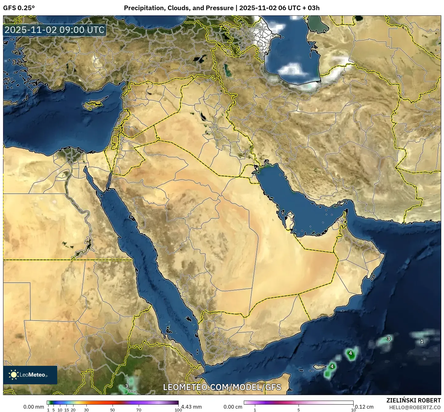 GFS model - Middle East, Precipitation, Clouds, and Pressure GFS model - Middle East, Precipitation, Clouds, and Pressure