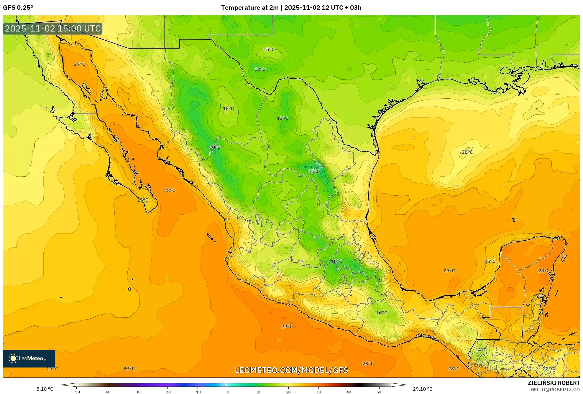 GFS model - Mexico, Temperature at 2m