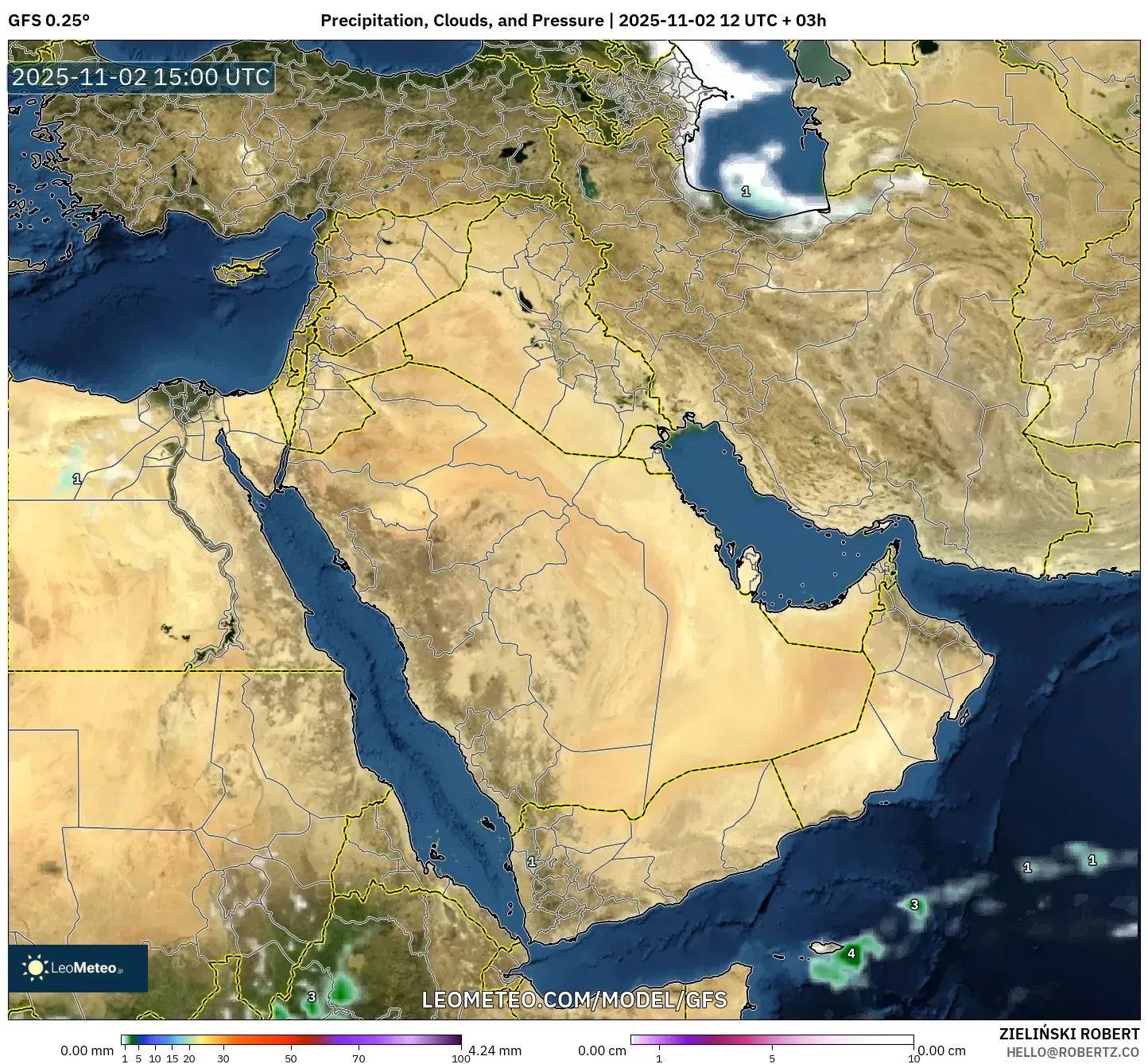 GFS model - Middle East, Precipitation, Clouds, and Pressure