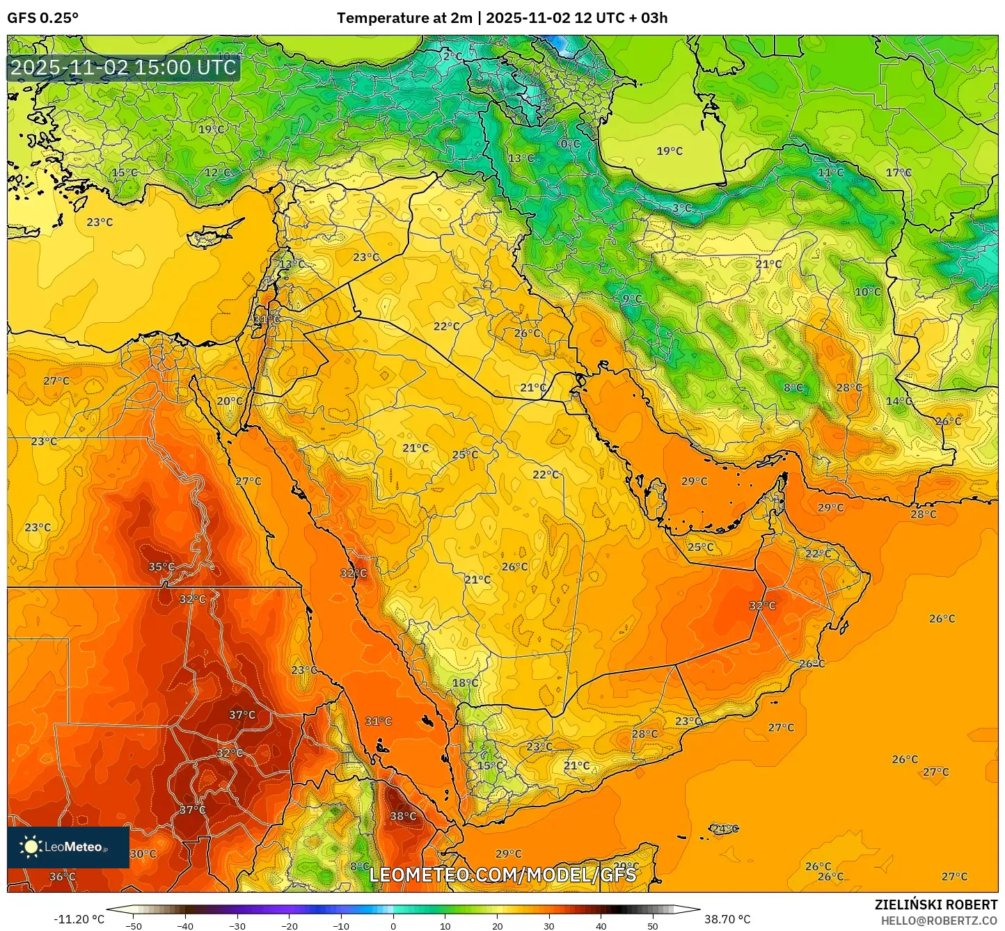 GFS model - Middle East, Temperature at 2m
