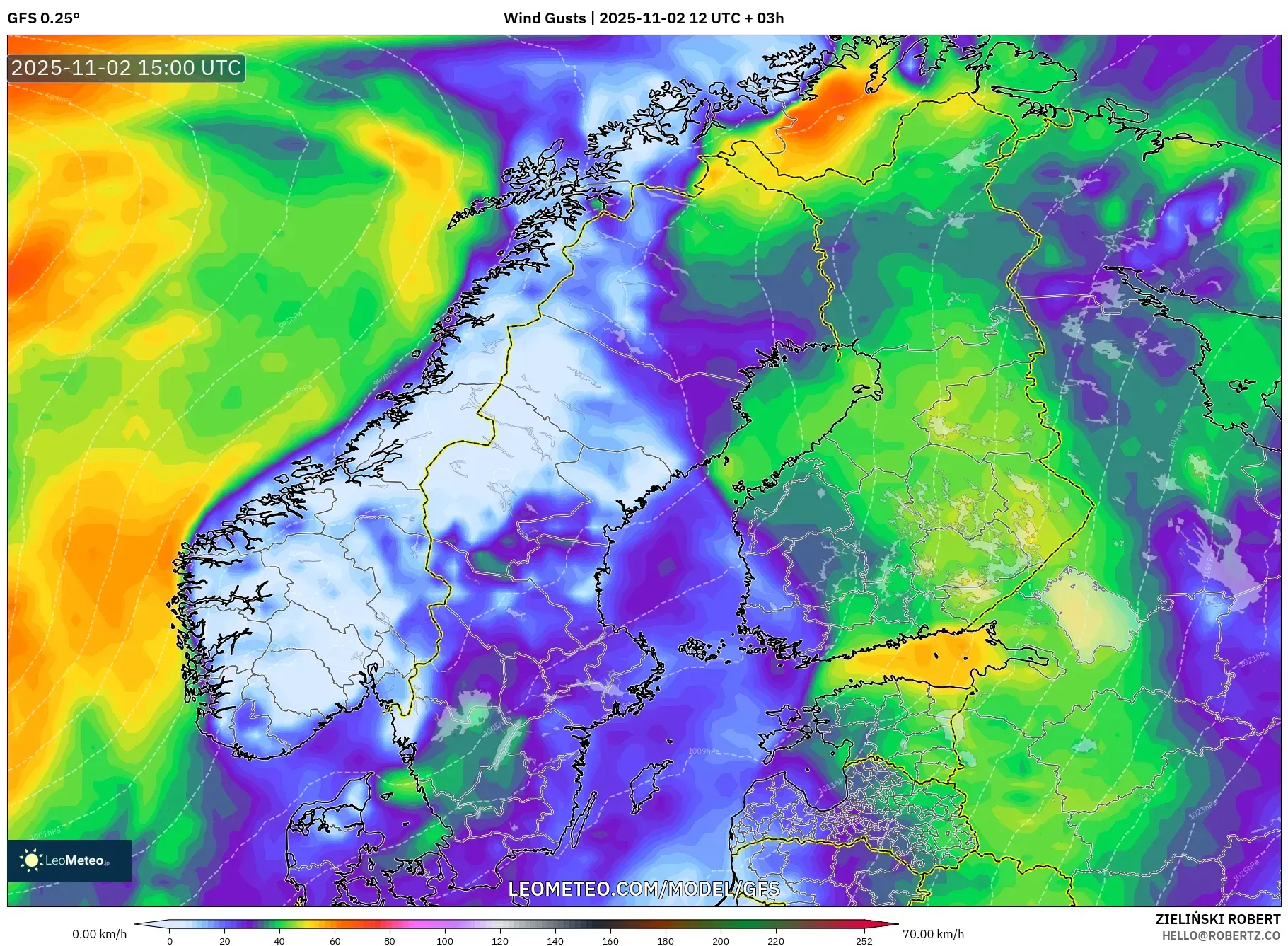GFS model - Scandinavia, Wind Gusts