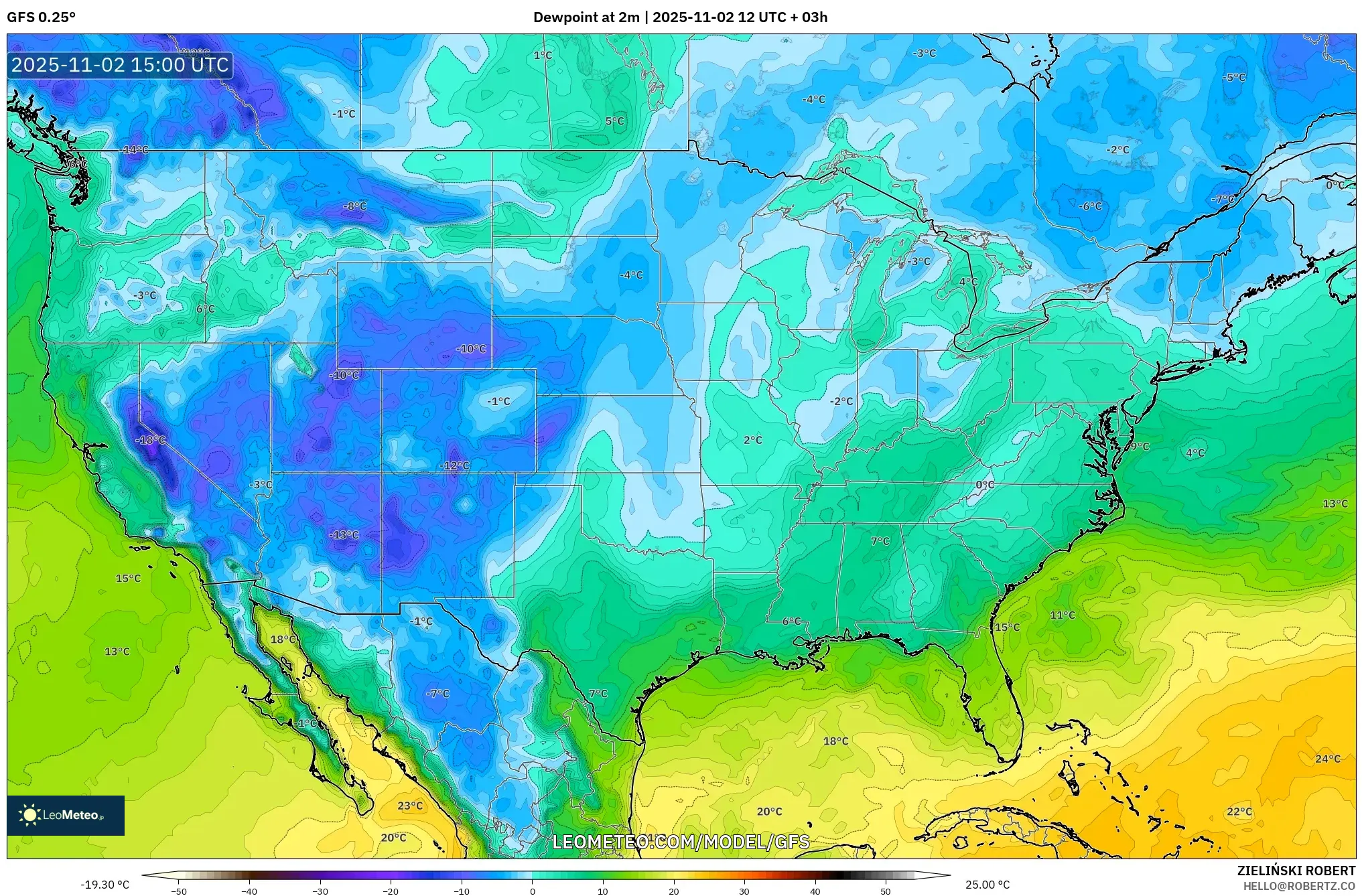GFS model - United States, Dewpoint at 2m
