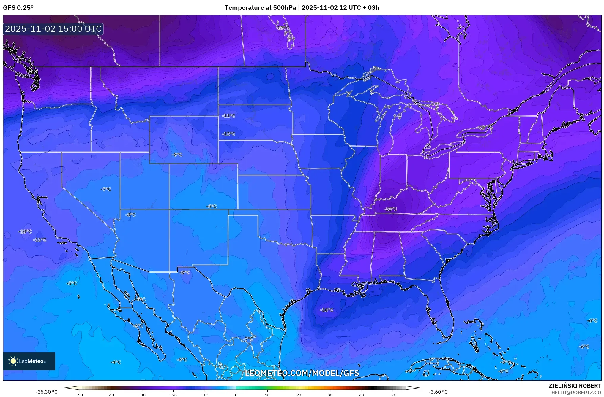 GFS model - United States, Temperature at 500hPa