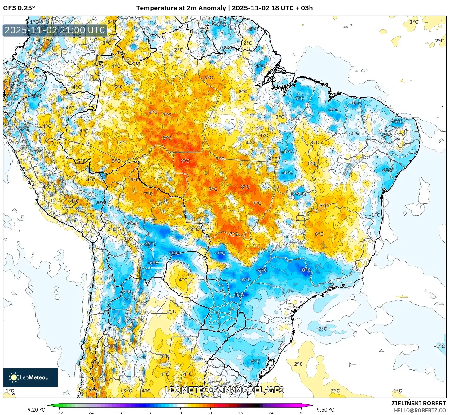 GFS model - Brazil, Temperature at 2m Anomaly