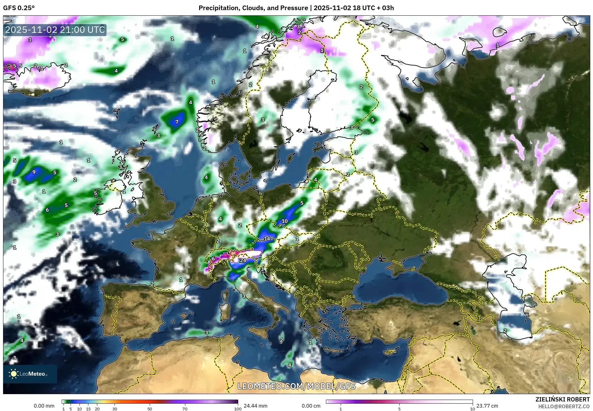 GFS model - Europe, Precipitation, Clouds, and Pressure