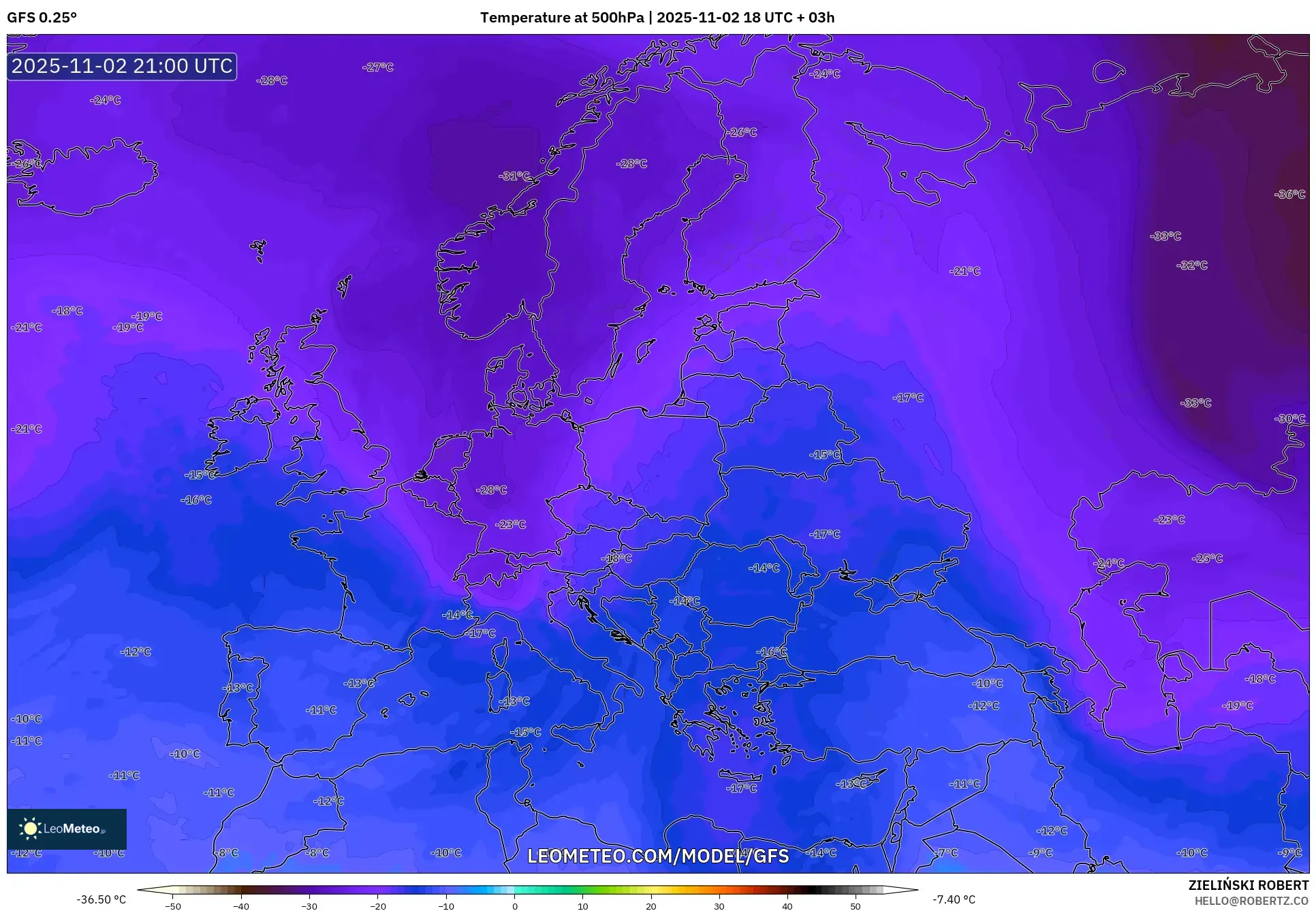 GFS model - Europe, Temperature at 500hPa