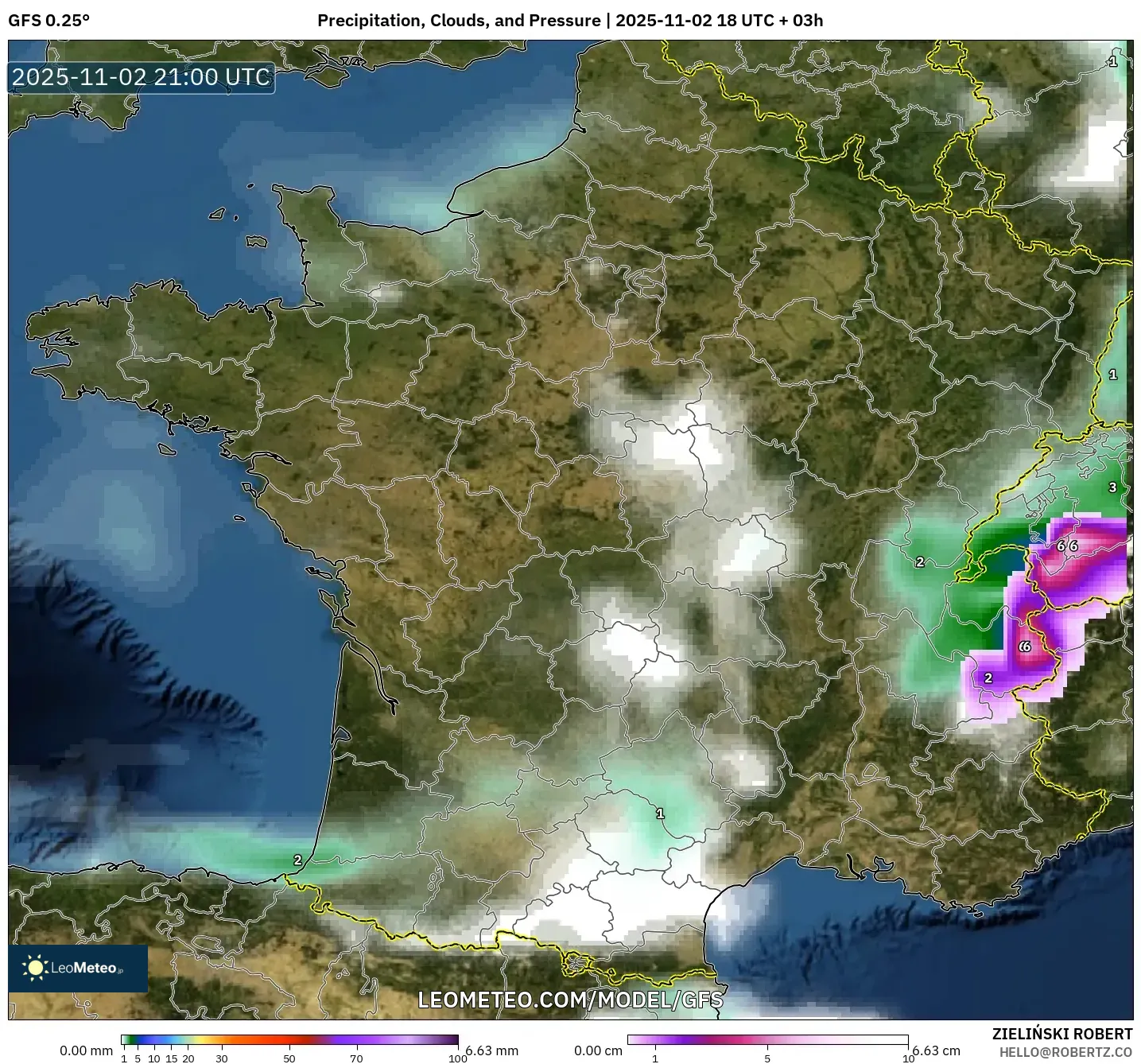 GFS model - France, Precipitation, Clouds, and Pressure