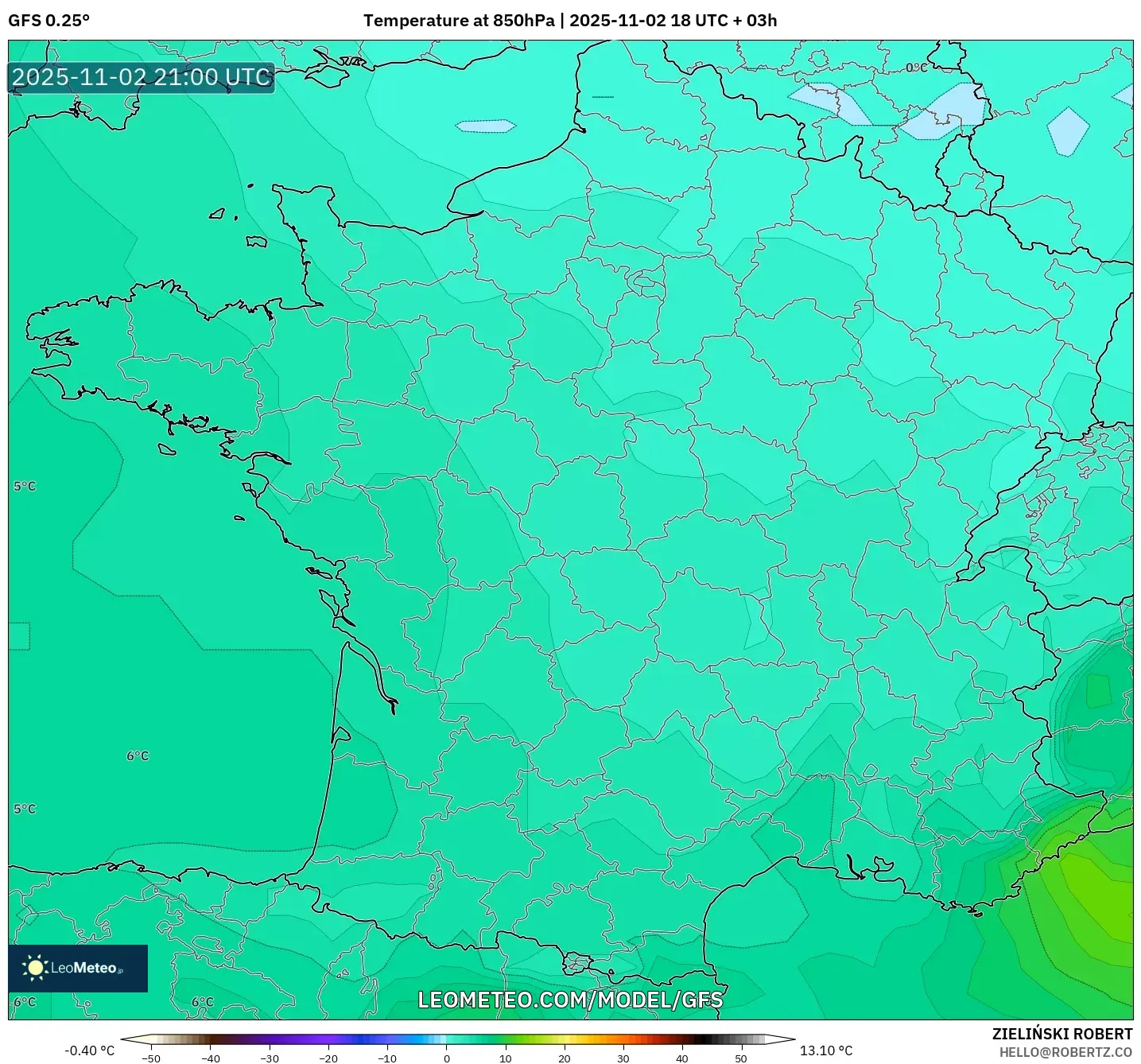 GFS model - France, Temperature at 850hPa