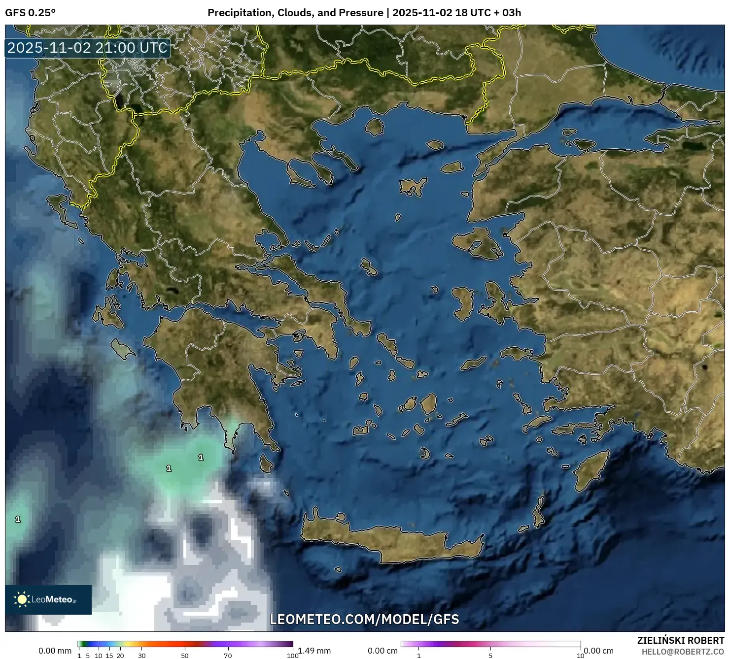 GFS model - Greece, Precipitation, Clouds, and Pressure