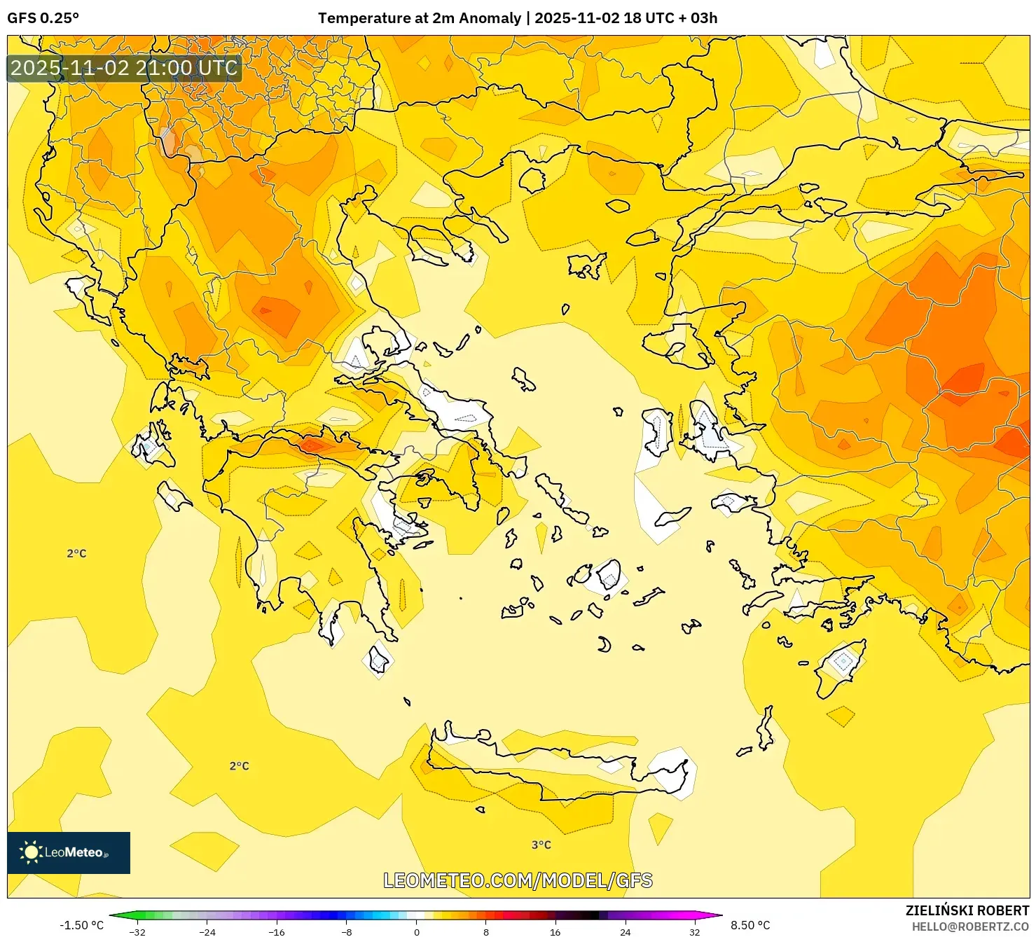 GFS model - Greece, Temperature at 2m Anomaly