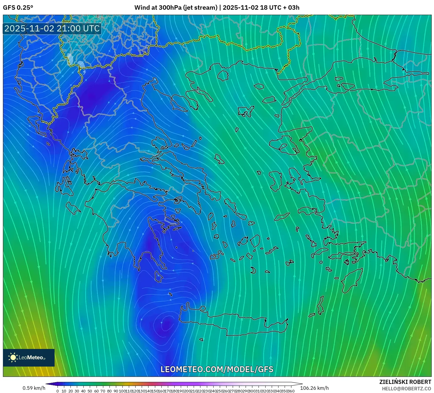 GFS model - Greece, Wind at 300hPa (jet stream)