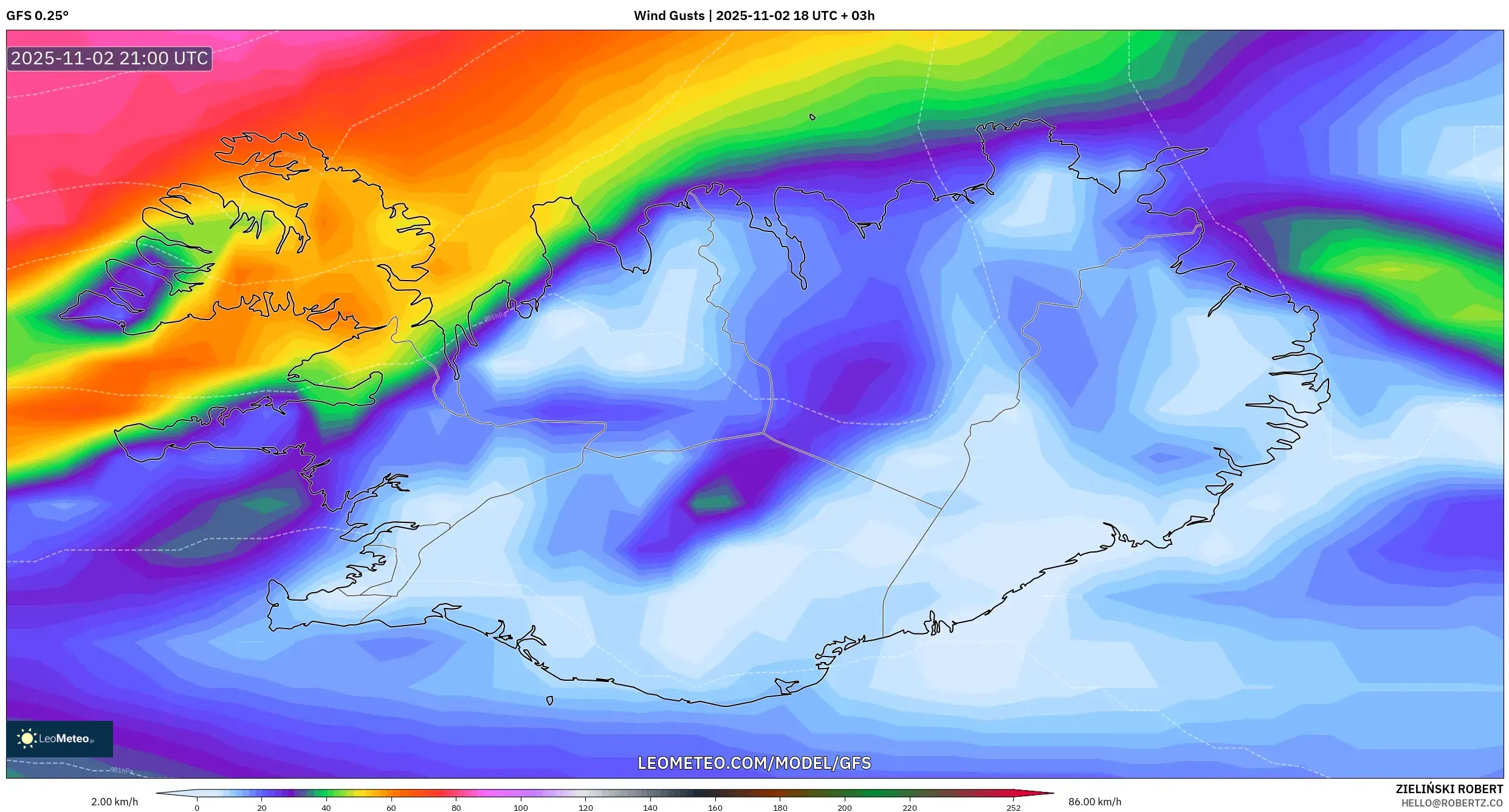 GFS model - Iceland, Wind Gusts