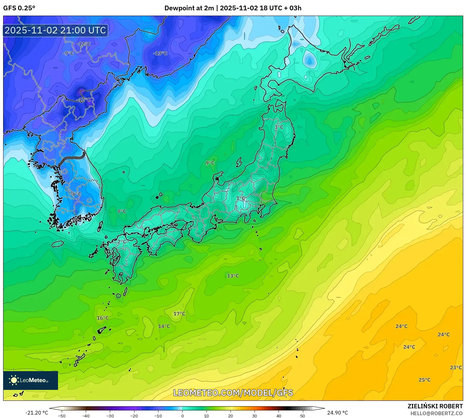 GFS model - Japan, Dewpoint at 2m