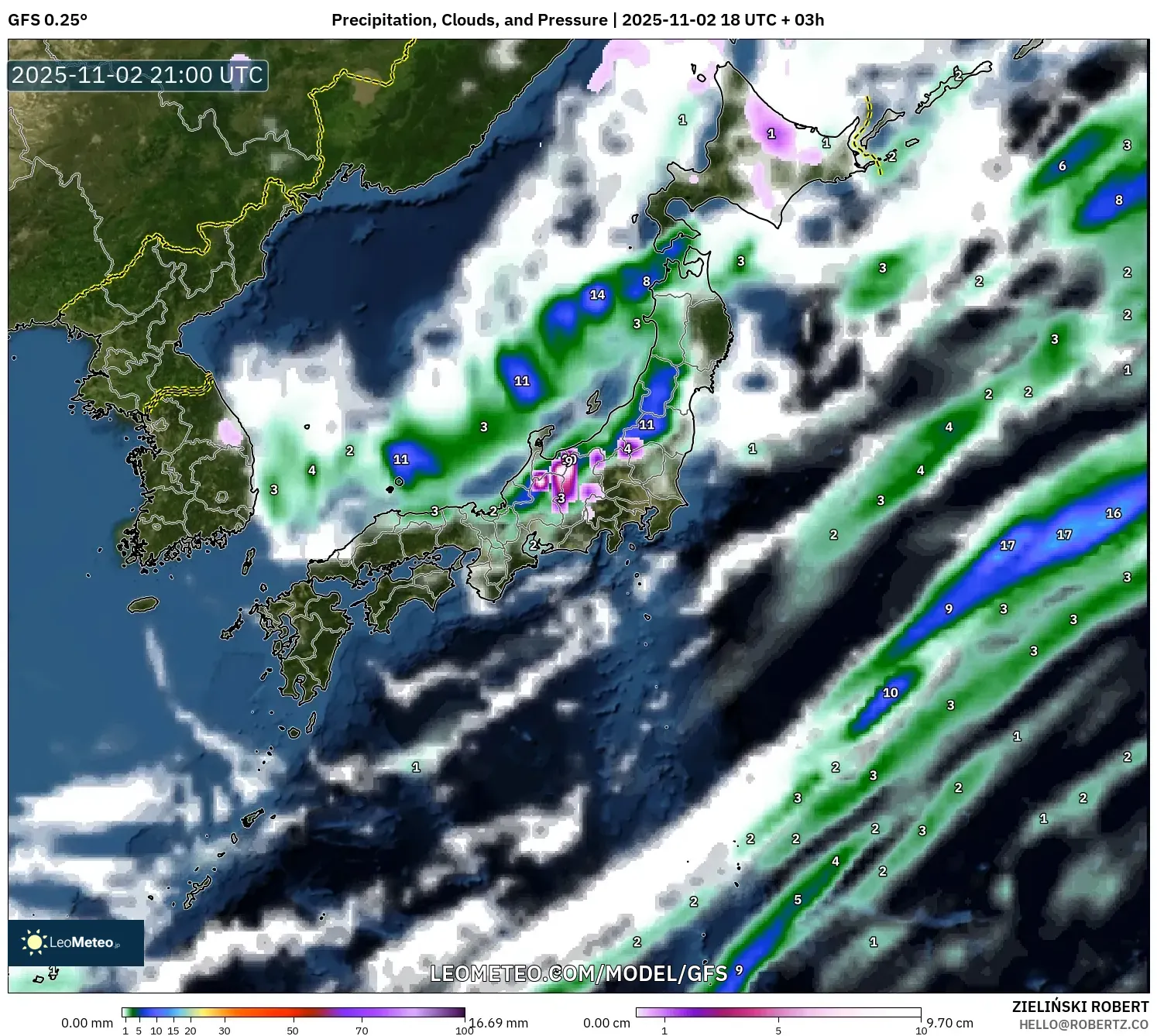 GFS model - Japan, Precipitation, Clouds, and Pressure