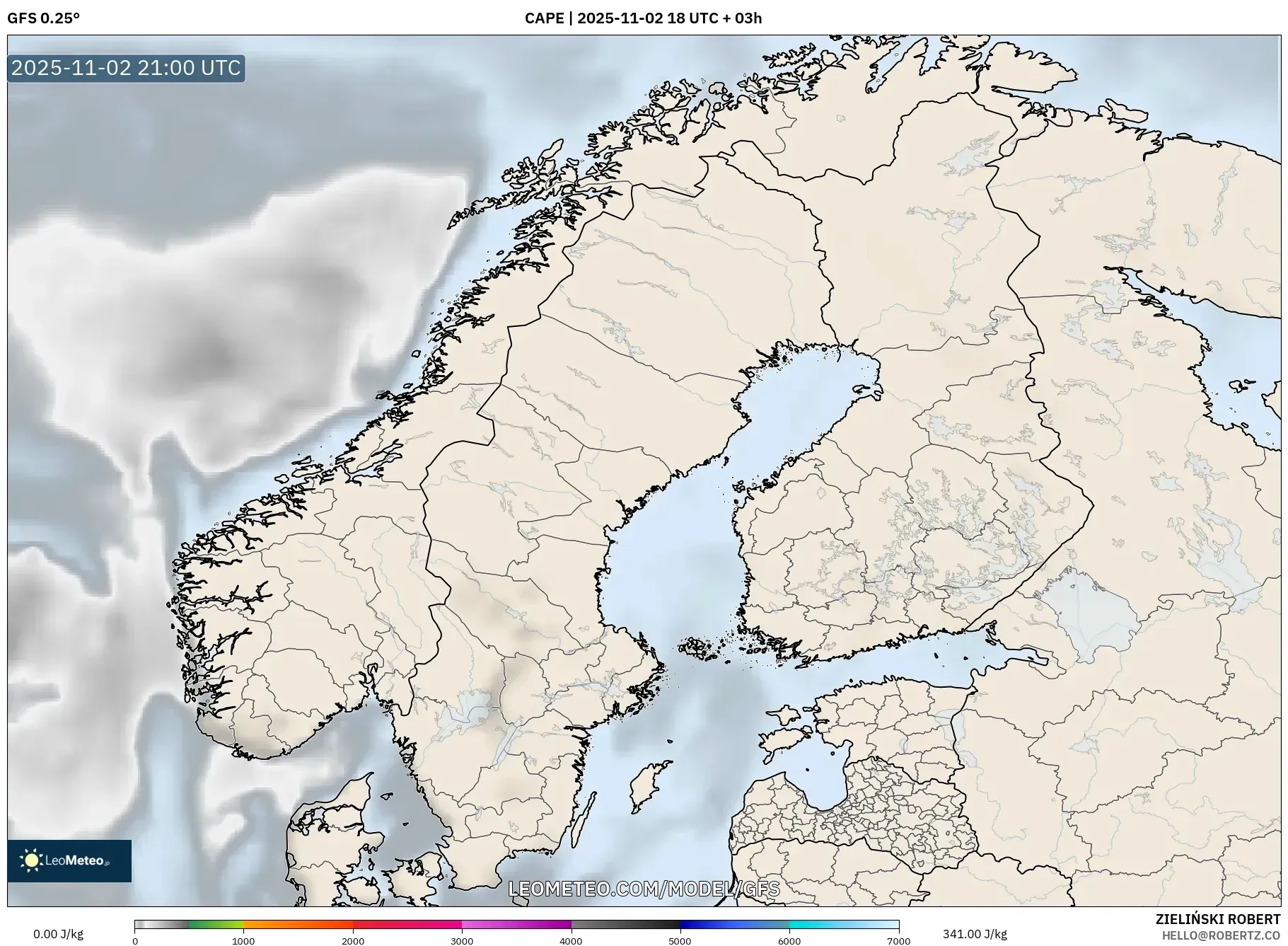 GFS model - Scandinavia, CAPE