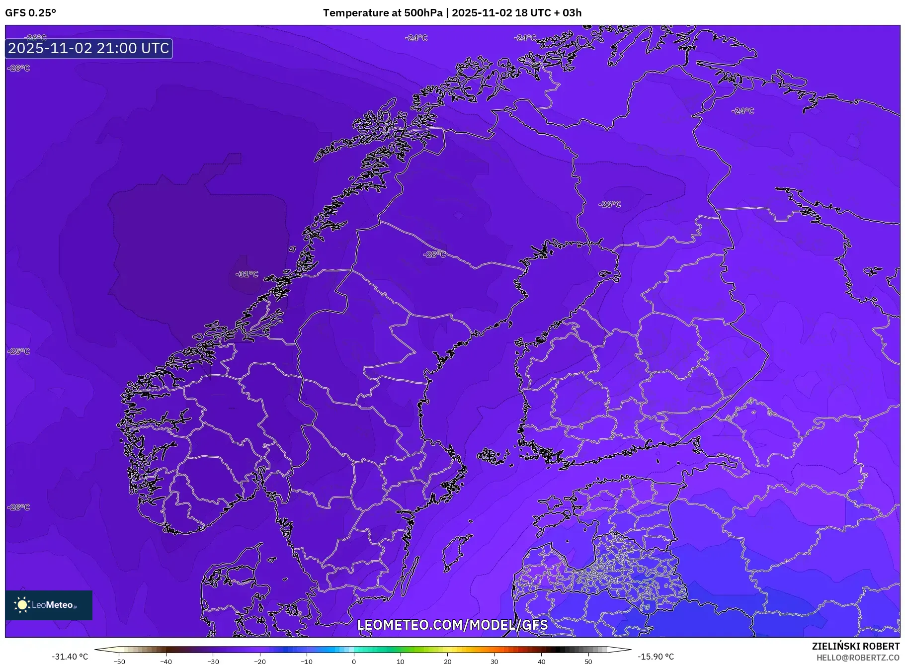 GFS model - Scandinavia, Temperature at 500hPa