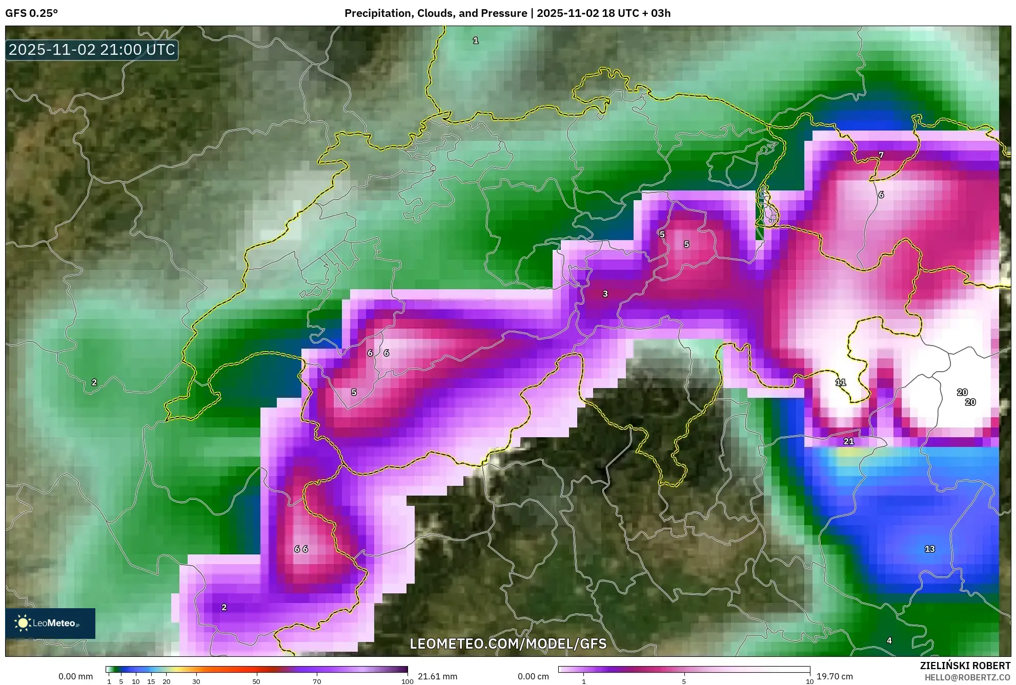 GFS model - Switzerland, Precipitation, Clouds, and Pressure