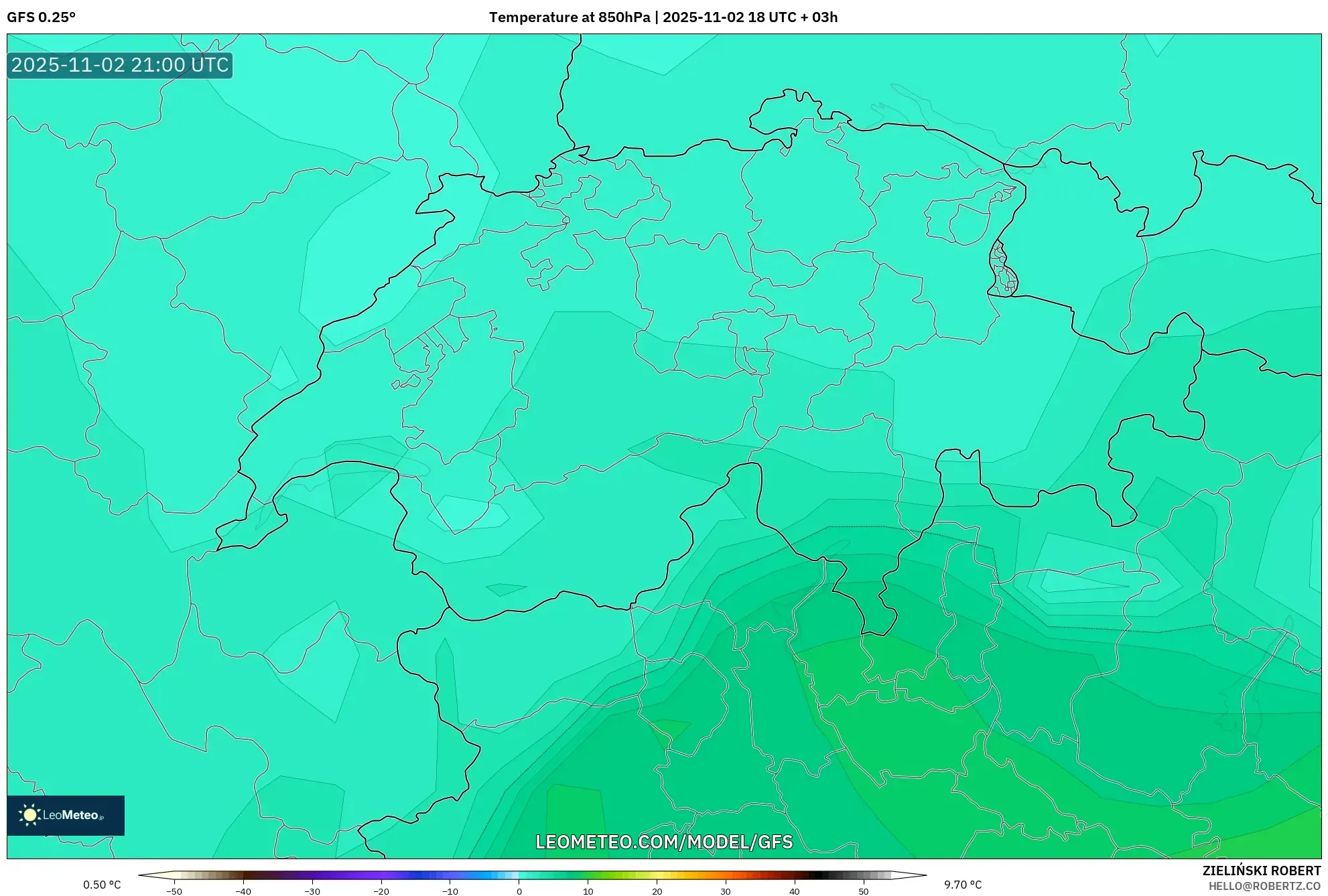 GFS model - Switzerland, Temperature at 850hPa