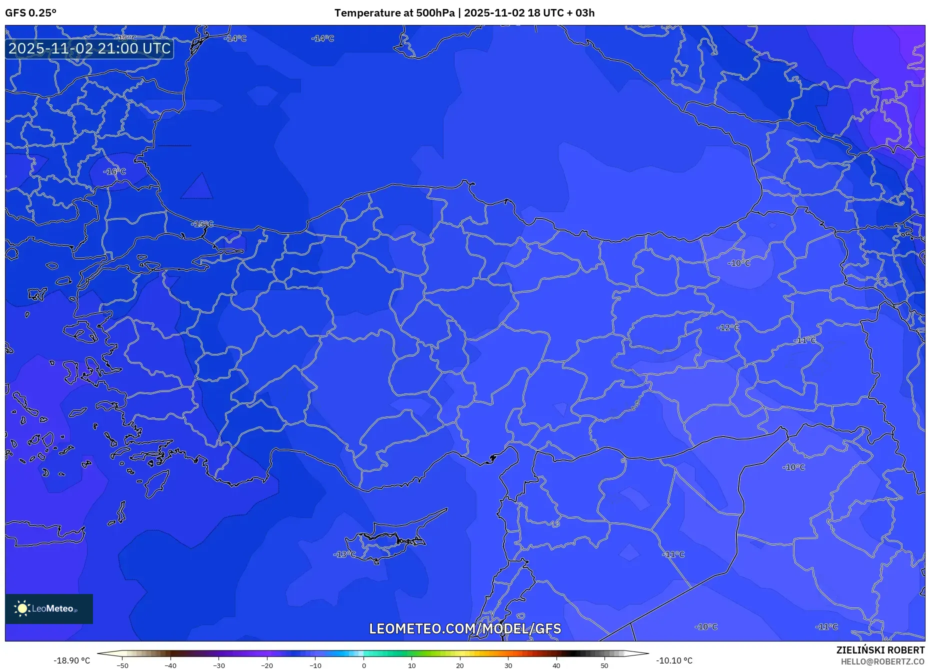 GFS model - Turkey, Temperature at 500hPa