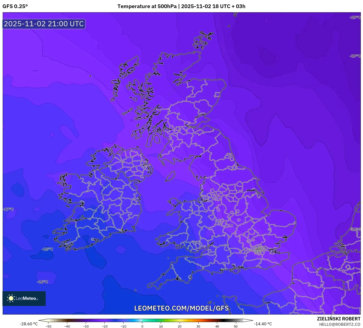 GFS model - United Kingdom, Temperature at 500hPa