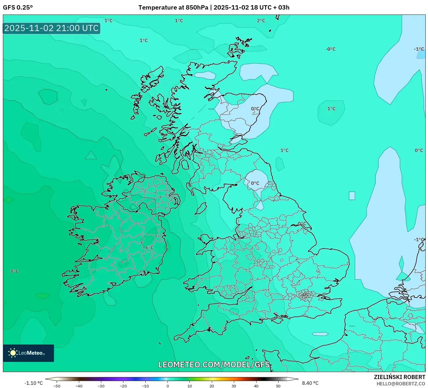 GFS model - United Kingdom, Temperature at 850hPa