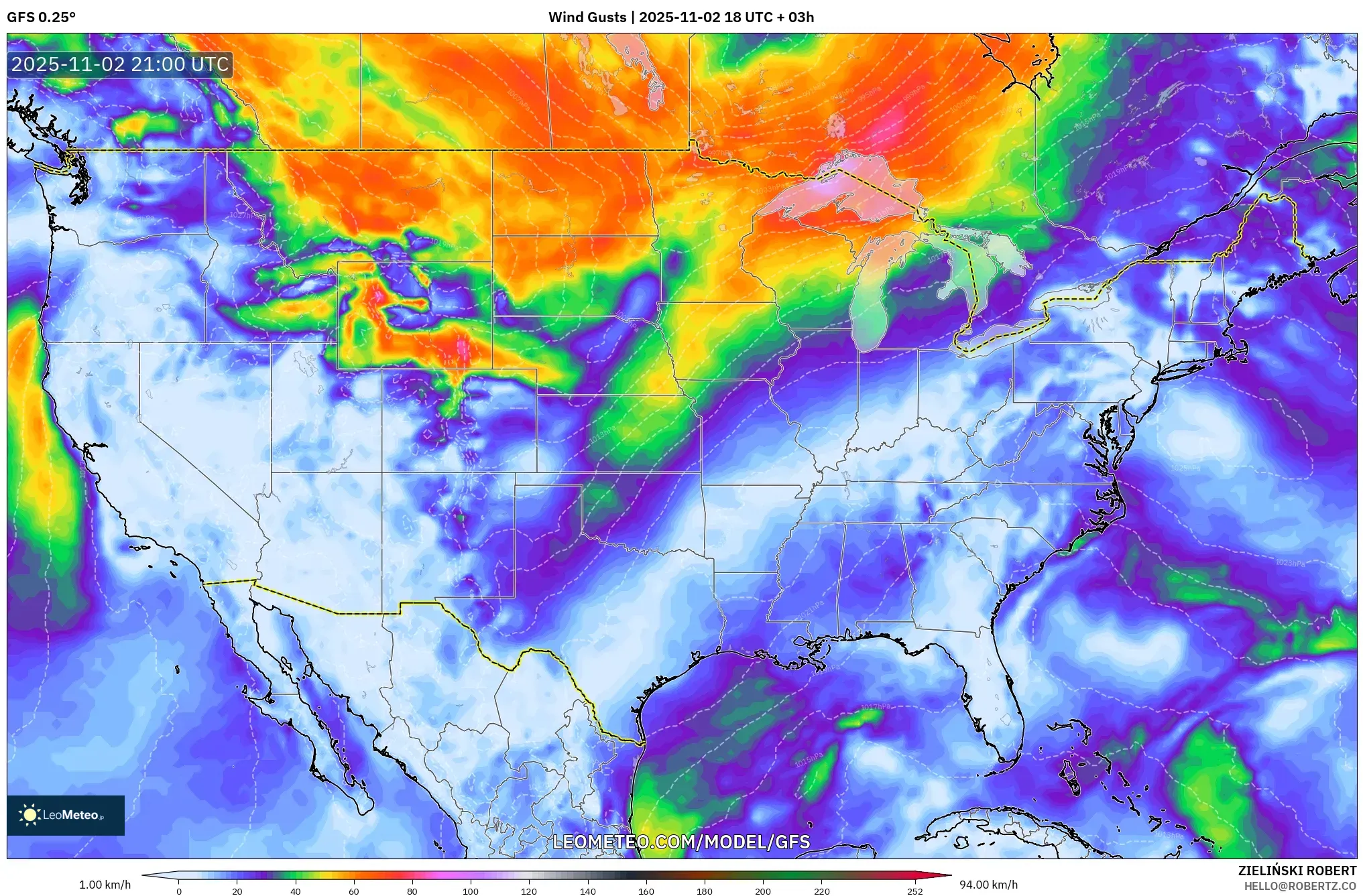 GFS model - United States, Wind Gusts