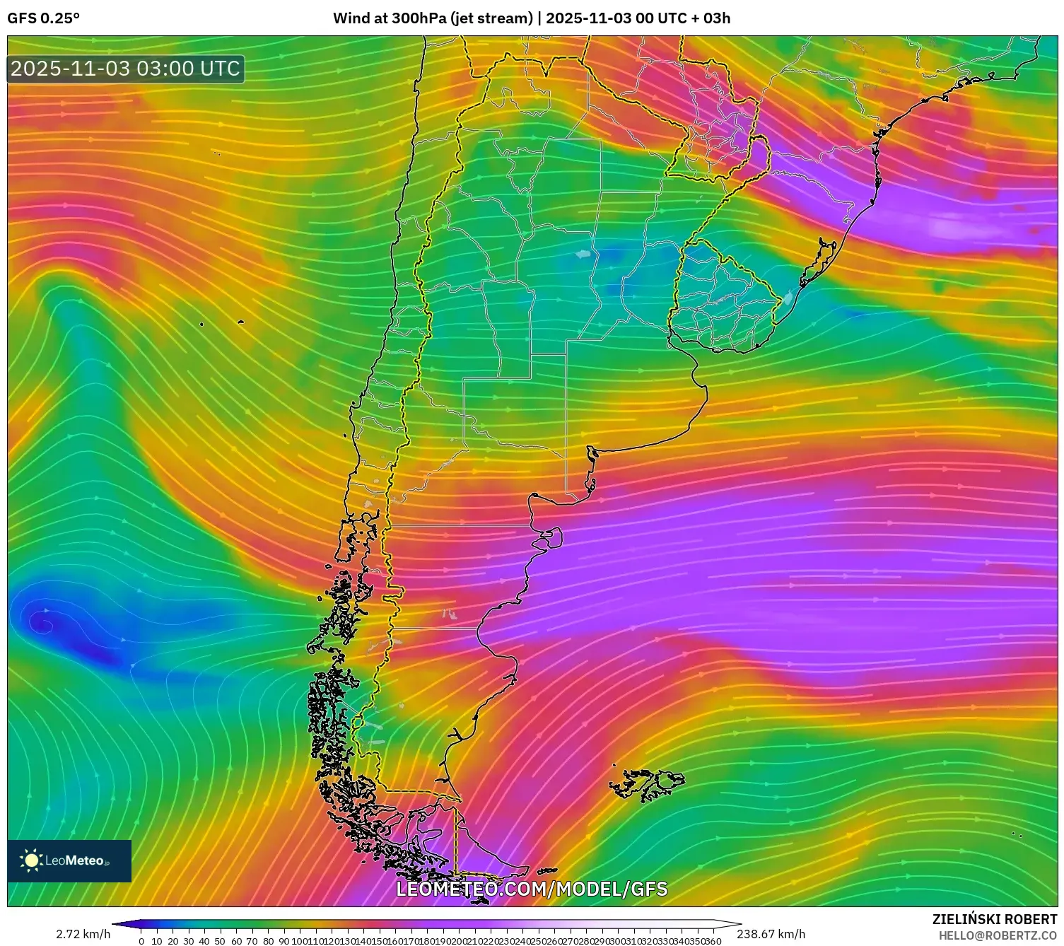 GFS model - Argentina, Wind at 300hPa (jet stream)