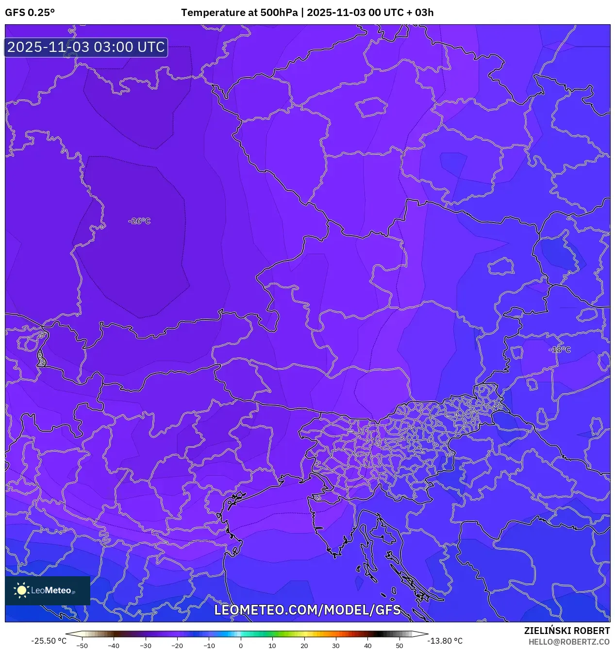 GFS model - Austria, Temperature at 500hPa