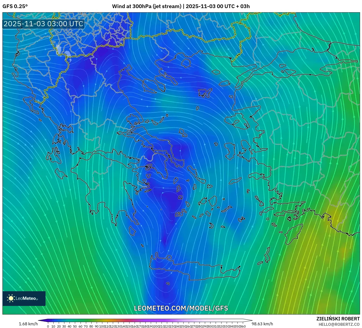GFS model - Greece, Wind at 300hPa (jet stream)