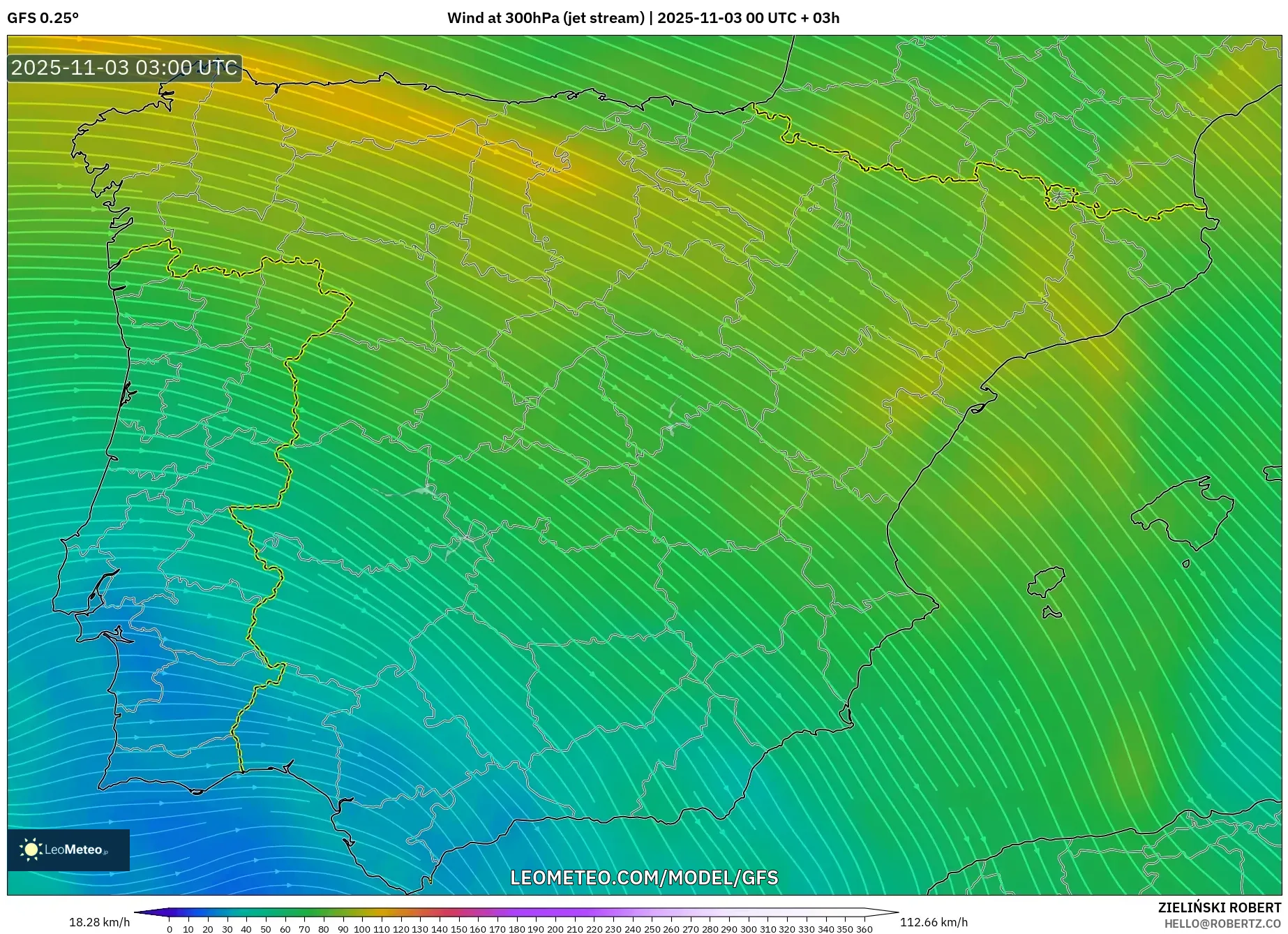 GFS model - Spain, Wind at 300hPa (jet stream)