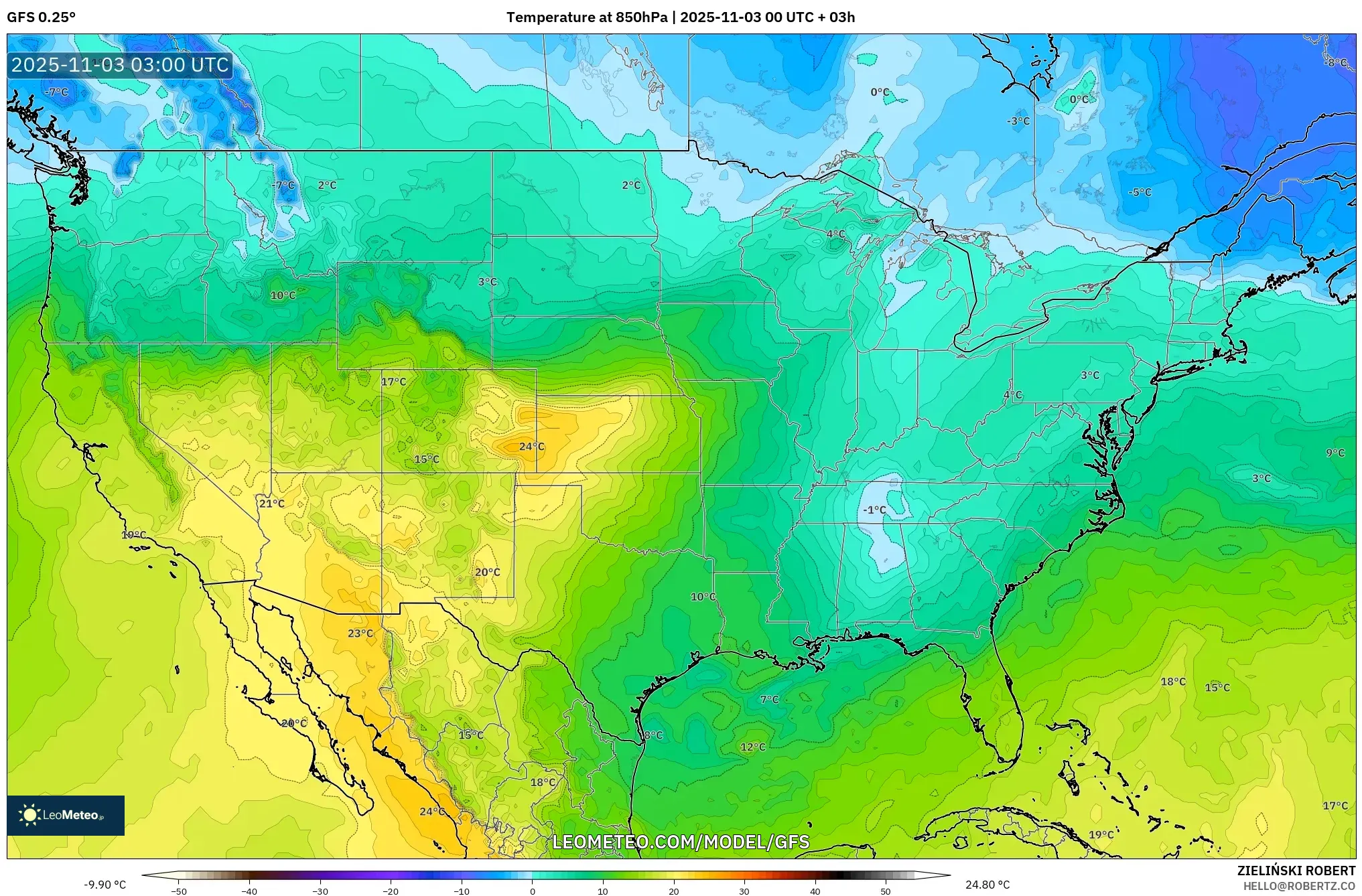 GFS model - United States, Temperature at 850hPa