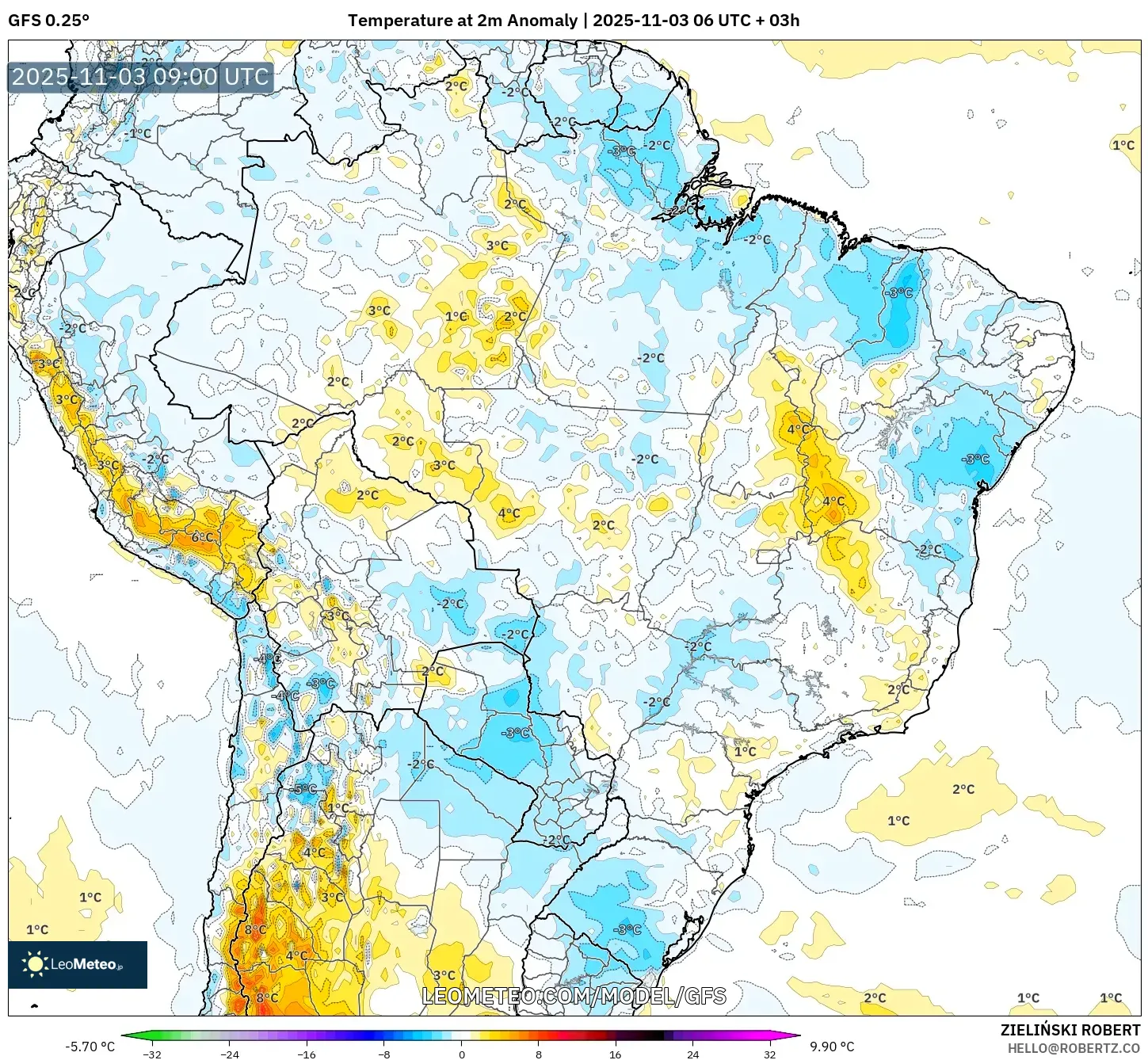 GFS model - Brazil, Temperature at 2m Anomaly