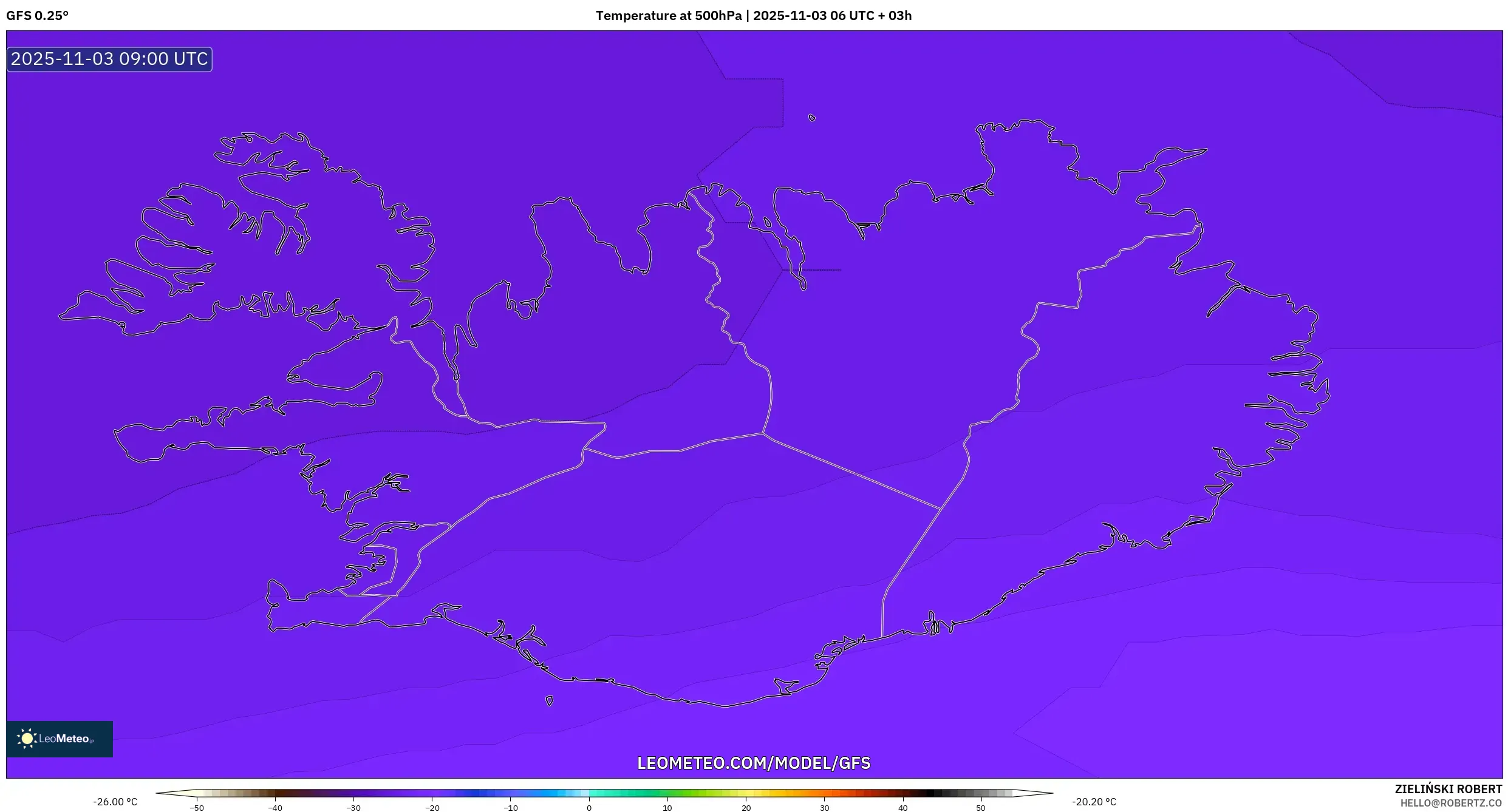 GFS model - Iceland, Temperature at 500hPa