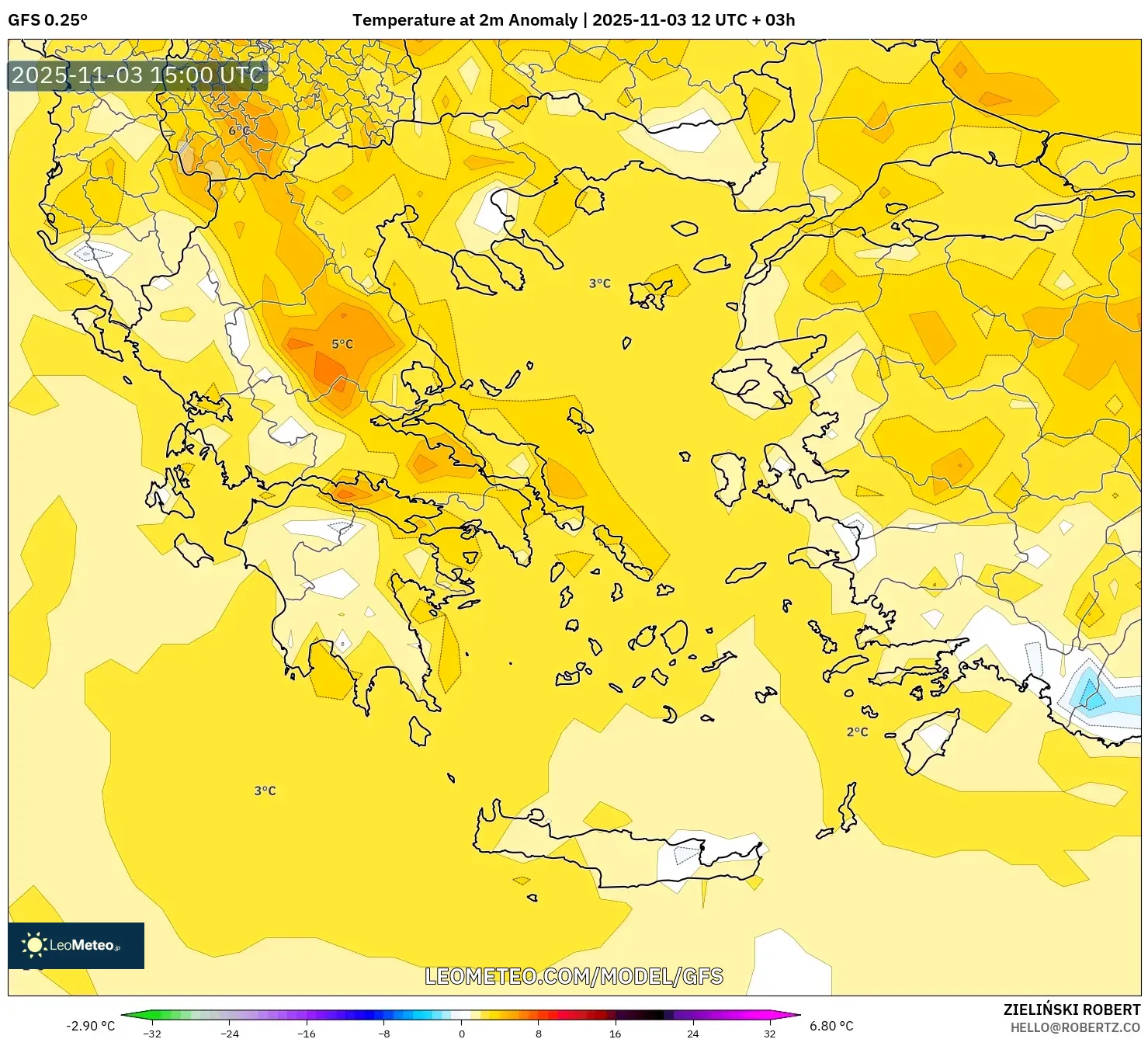 GFS model - Greece, Temperature at 2m Anomaly