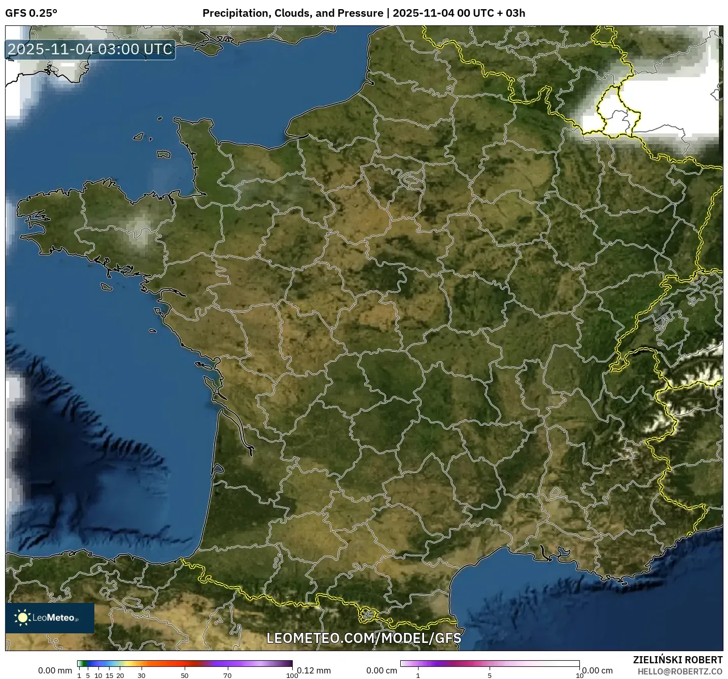 GFS model - France, Precipitation, Clouds, and Pressure