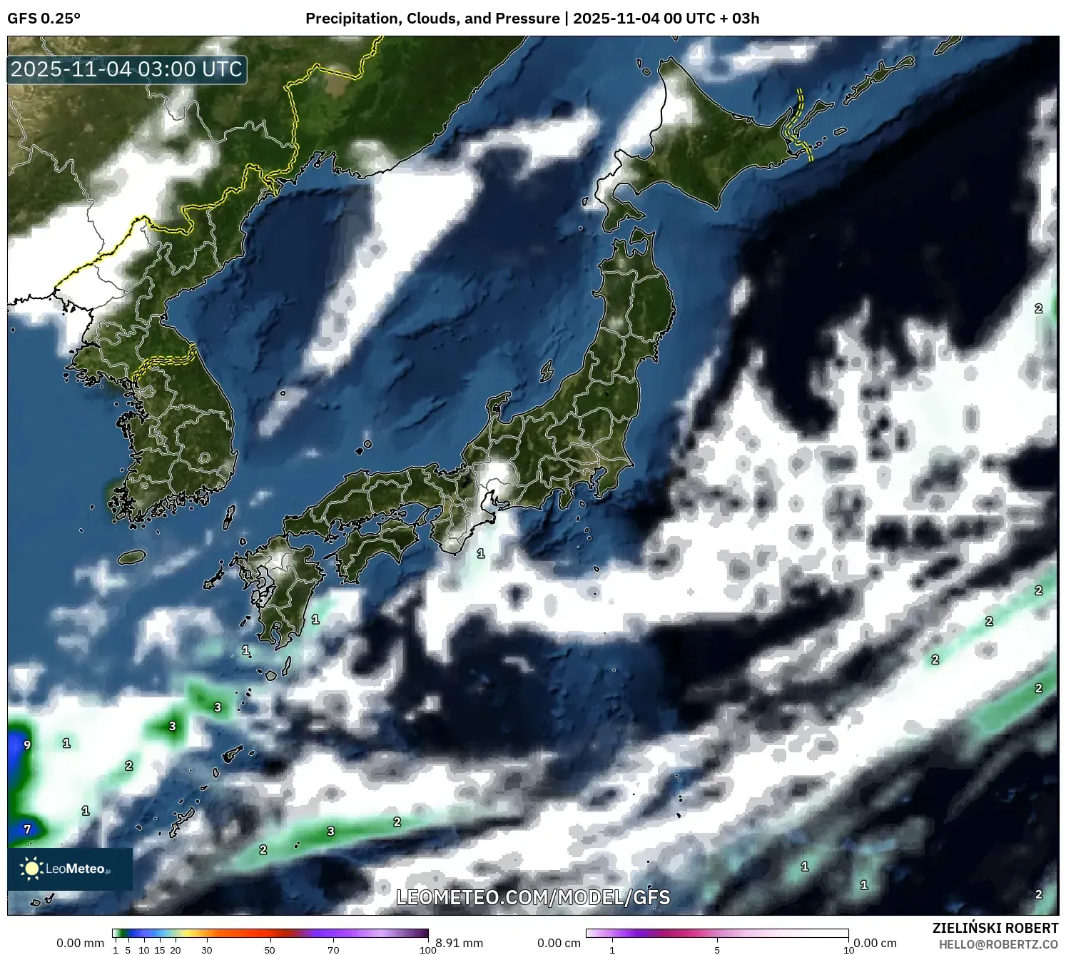 GFS model - Japan, Precipitation, Clouds, and Pressure