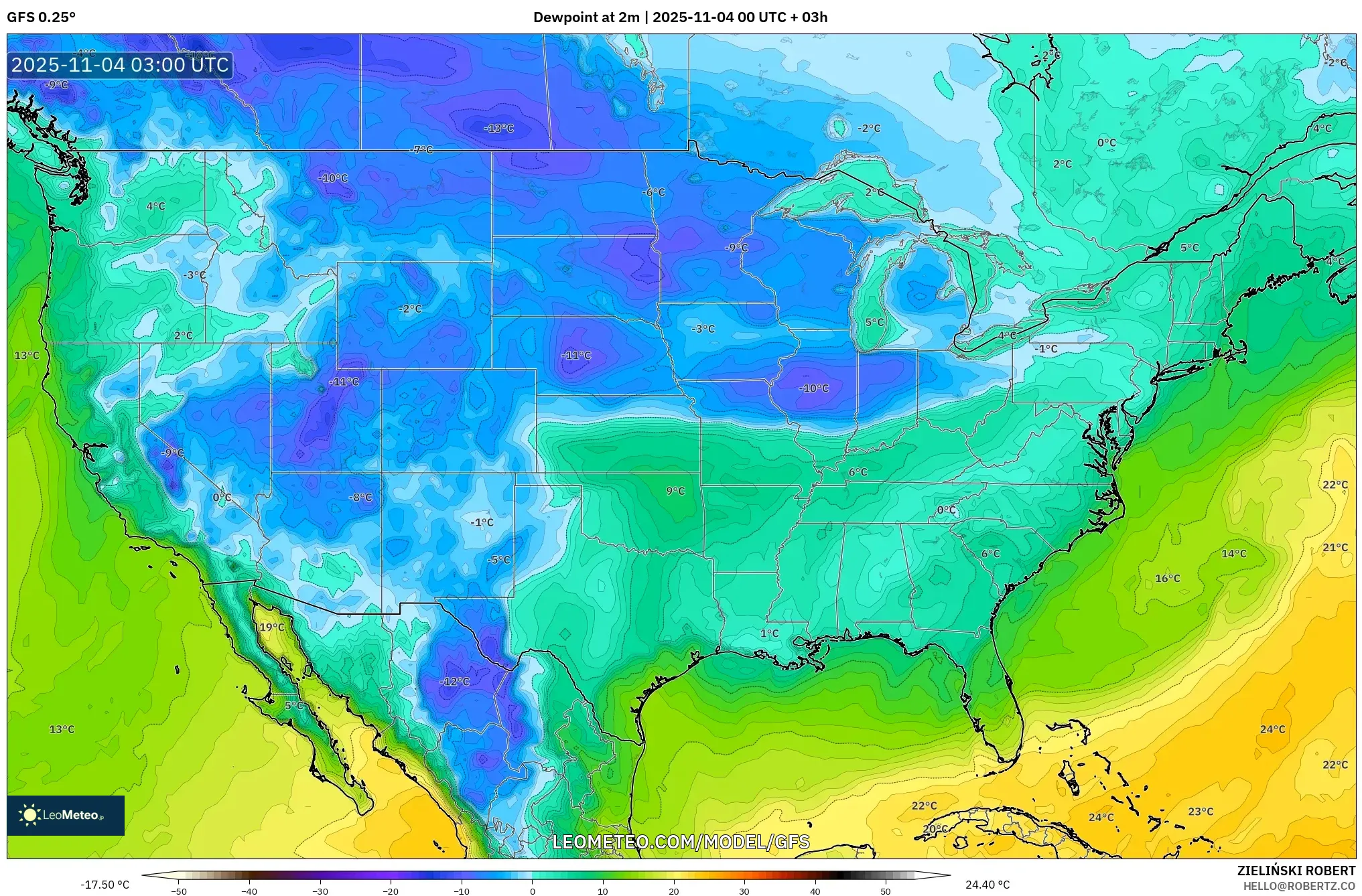 GFS model - United States, Dewpoint at 2m