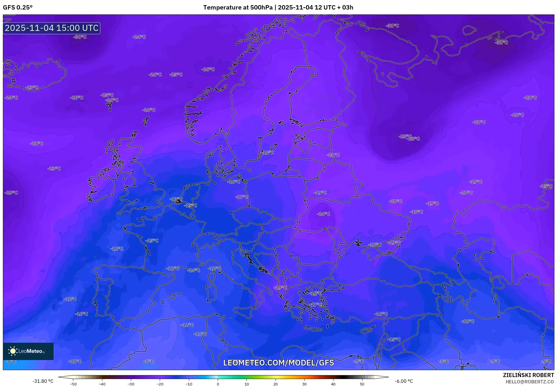 GFS model - Europe, Temperature at 500hPa