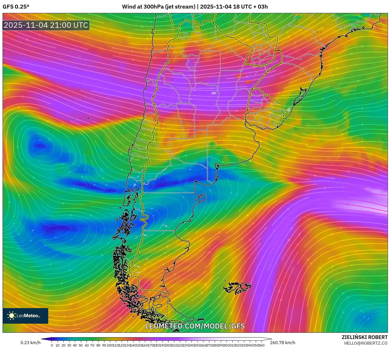 GFS model - Argentina, Wind at 300hPa (jet stream)