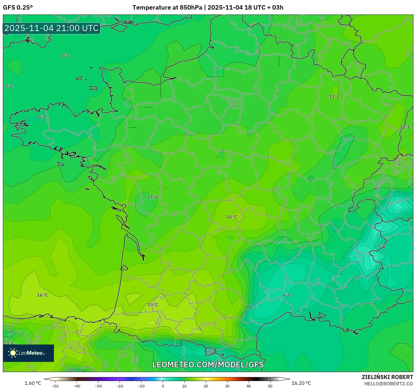GFS model - France, Temperature at 850hPa