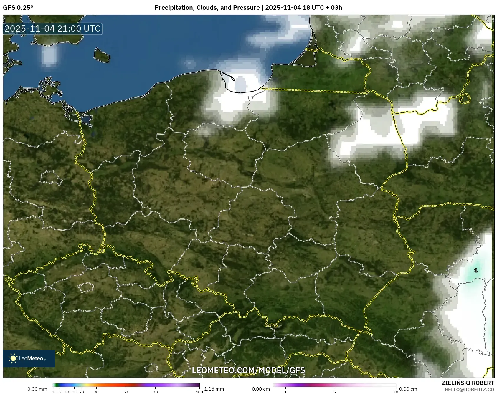 GFS model - Poland, Precipitation, Clouds, and Pressure