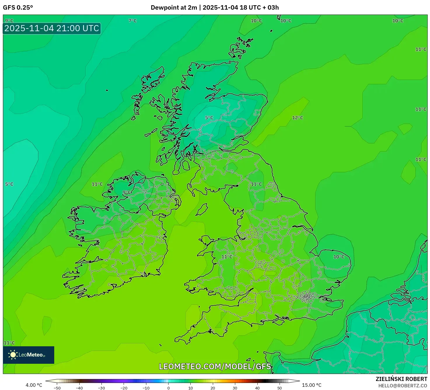 GFS model - United Kingdom, Dewpoint at 2m